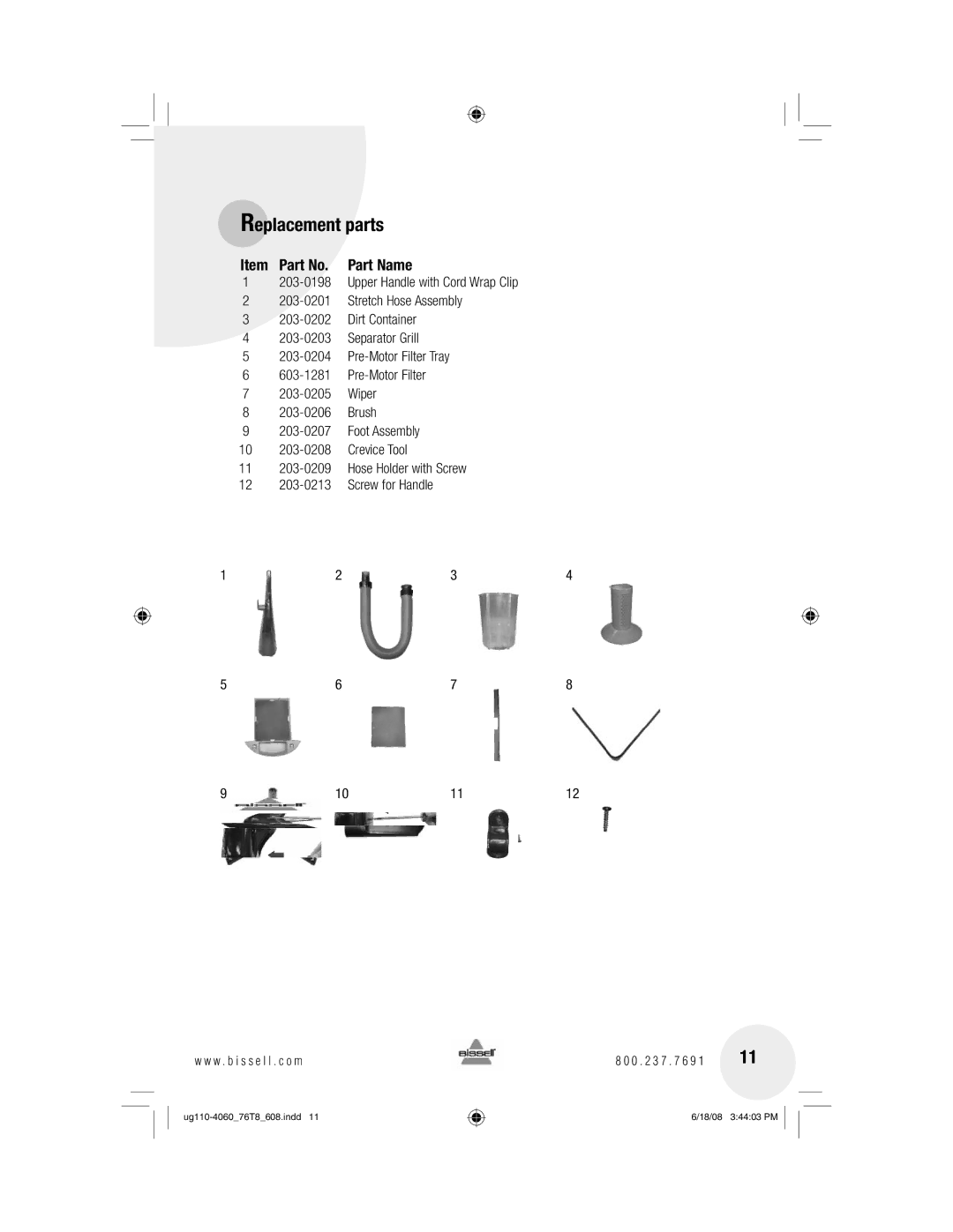 Bissell 76T8 warranty Replacement parts, Item Part No. Part Name 