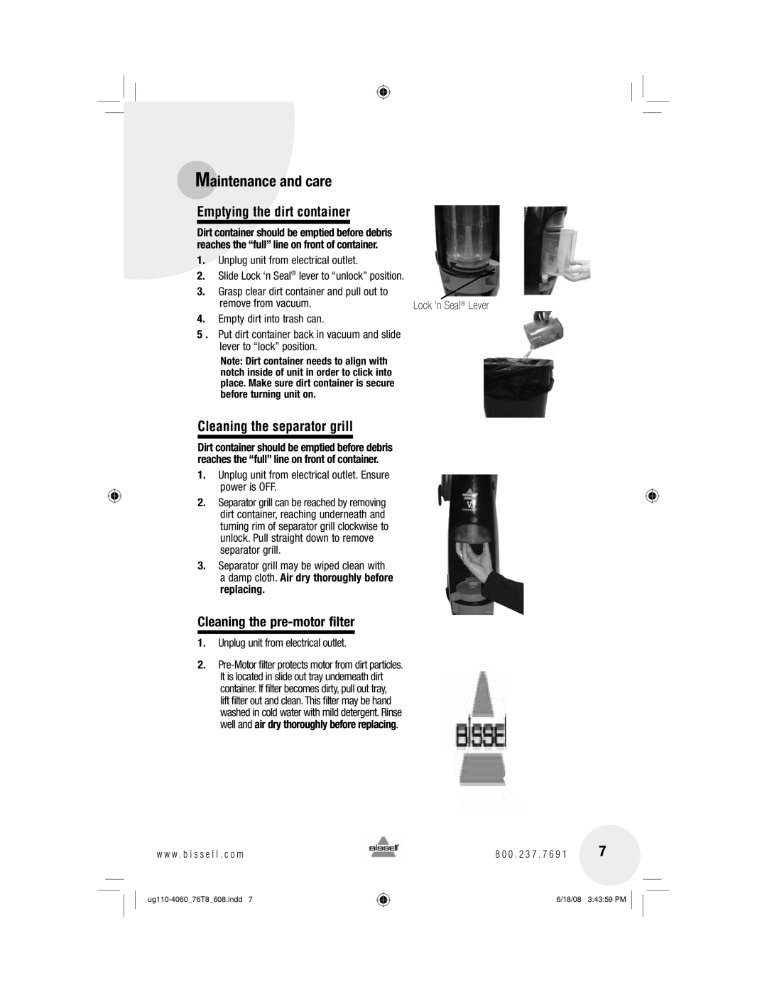 Bissell 76T8 warranty Maintenance and care, Cleaning the pre-motor filter 