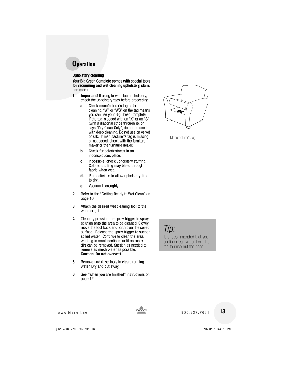 Bissell 7700 warranty 136, Manufacturer’s tag, Check for colorfastness in an inconspicuous place 