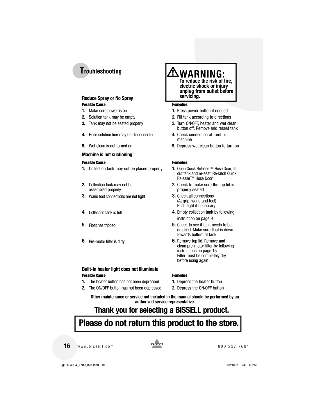 Bissell 7700 warranty Troubleshooting, Reduce Spray or No Spray, Machine is not suctioning 