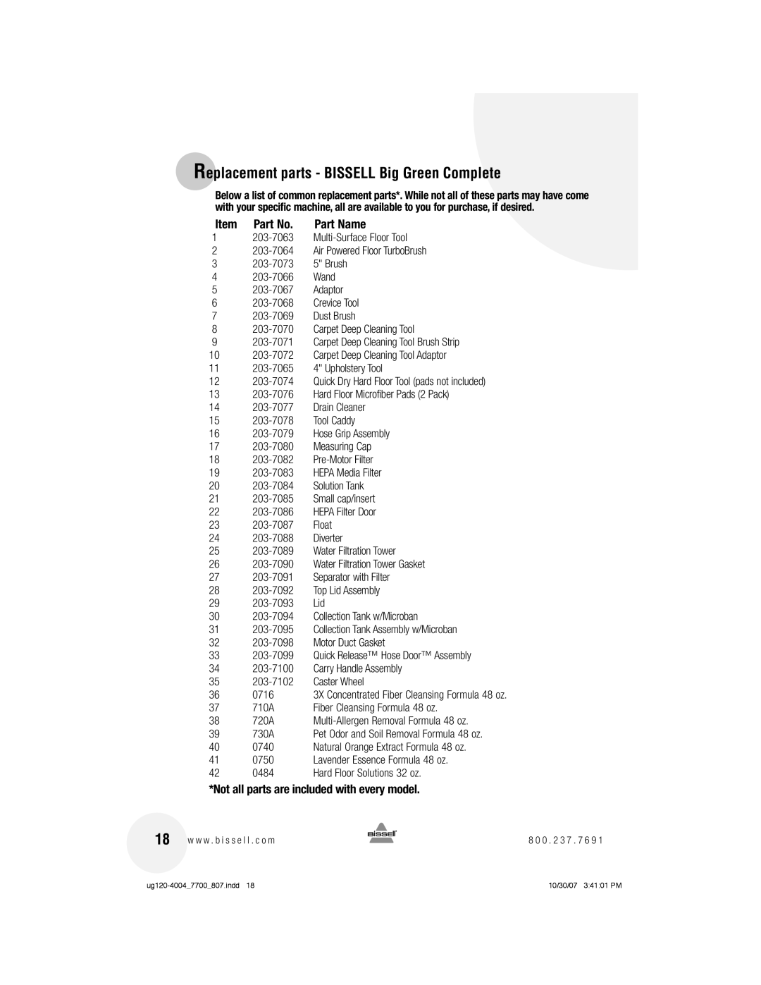 Bissell 7700 Replacement parts Bissell Big Green Complete, Item Part No, Not all parts are included with every model 