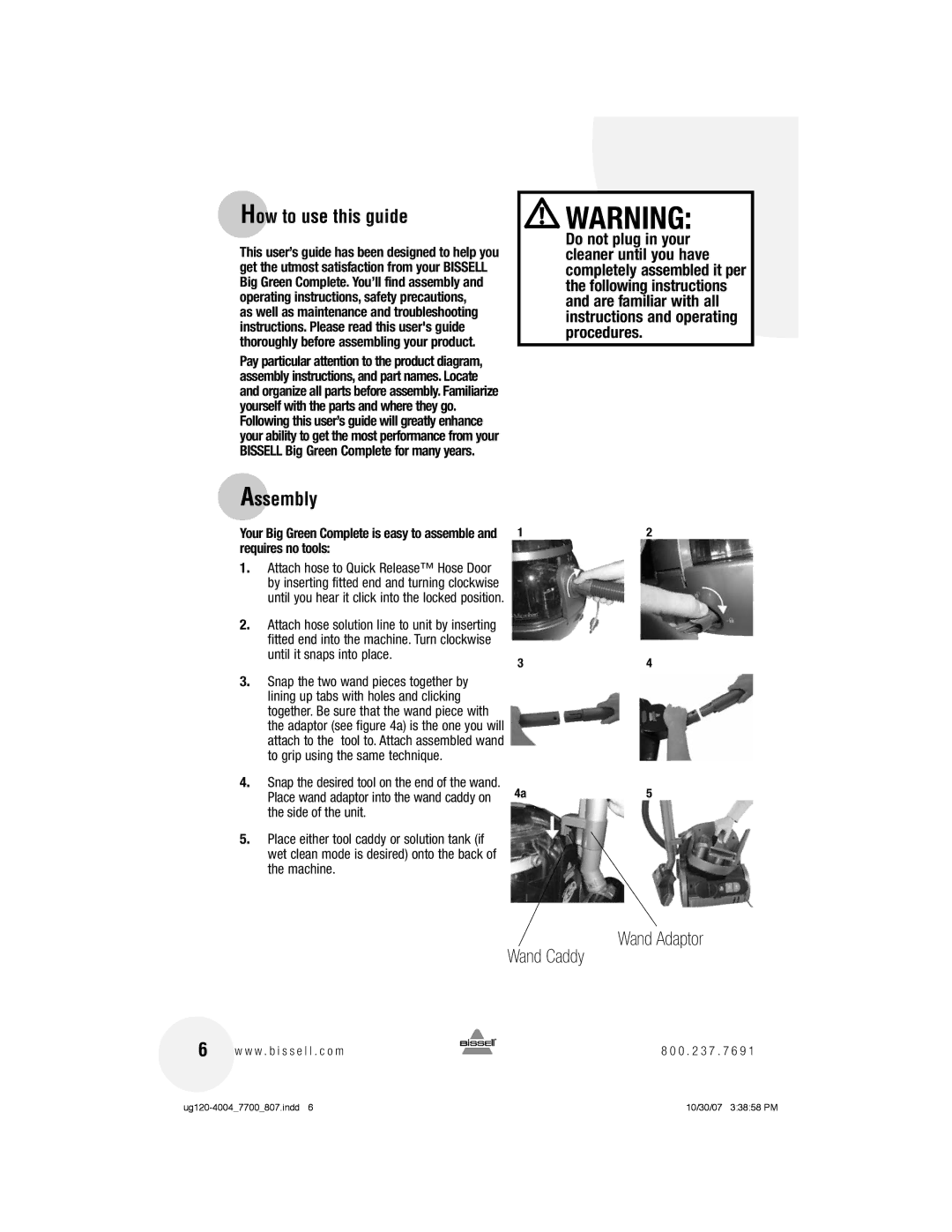 Bissell 7700 warranty How to use this guide, Assembly 