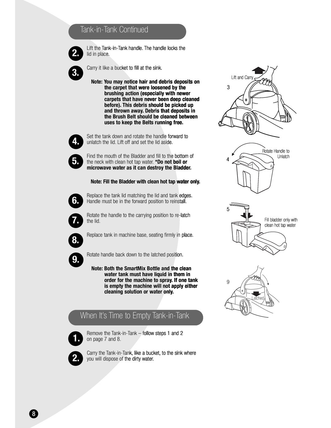 Bissell 7901 the lid, Remove the Tank-in-Tank - follow steps 1 and 1. on page 7 and, you will dispose of the dirty water 