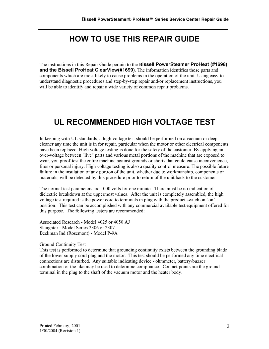 Bissell 7920, 1699, 1698 manual HOW to USE this Repair Guide, UL Recommended High Voltage Test 