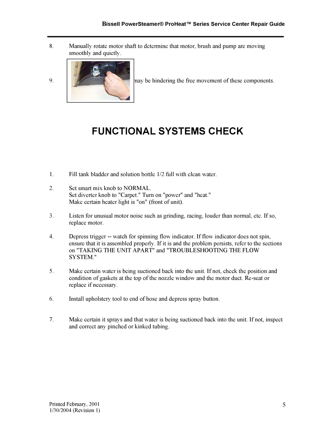 Bissell 7920, 1699, 1698 manual Functional Systems Check 