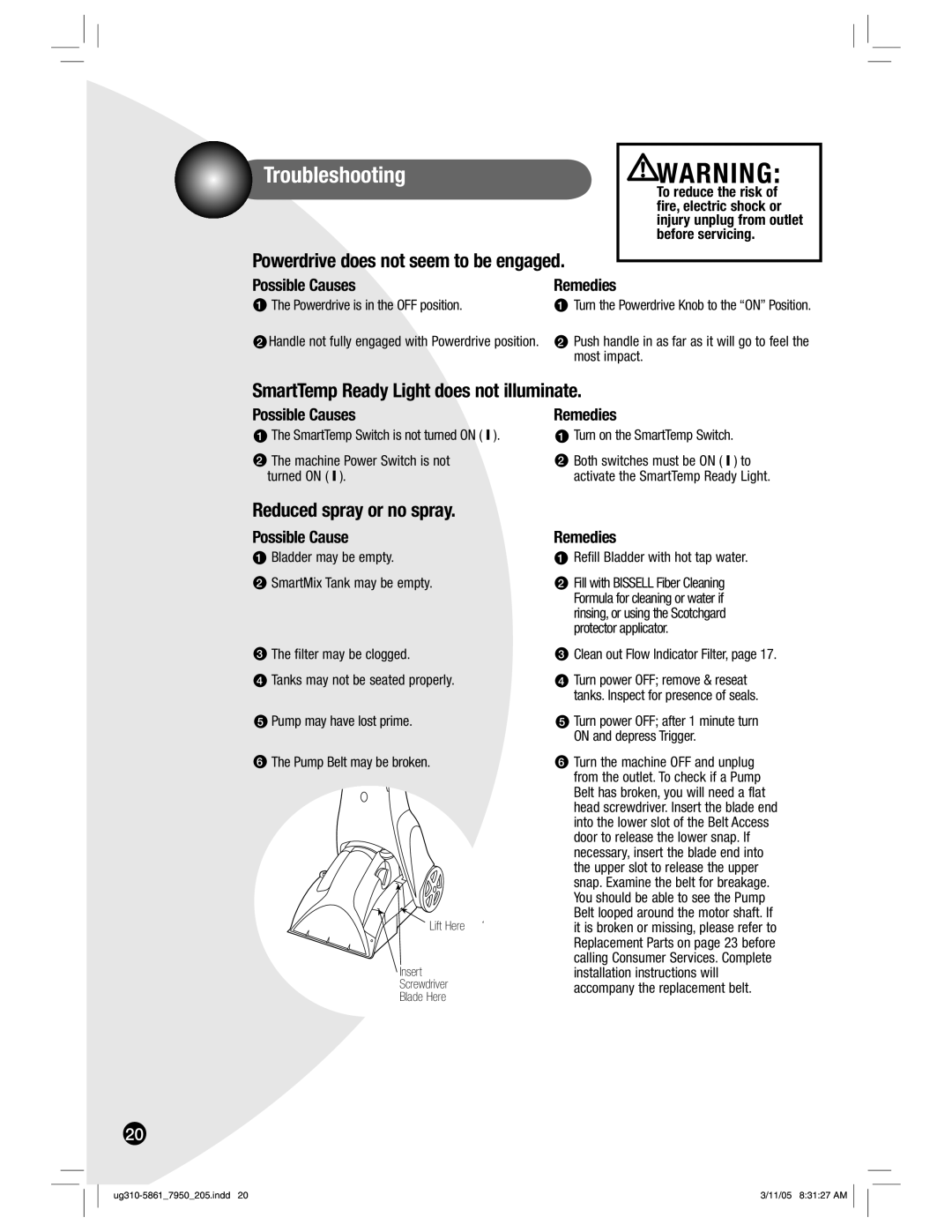 Bissell 7950 warranty Troubleshooting, Powerdrive is in the OFF position, Turn on the SmartTemp Switch 