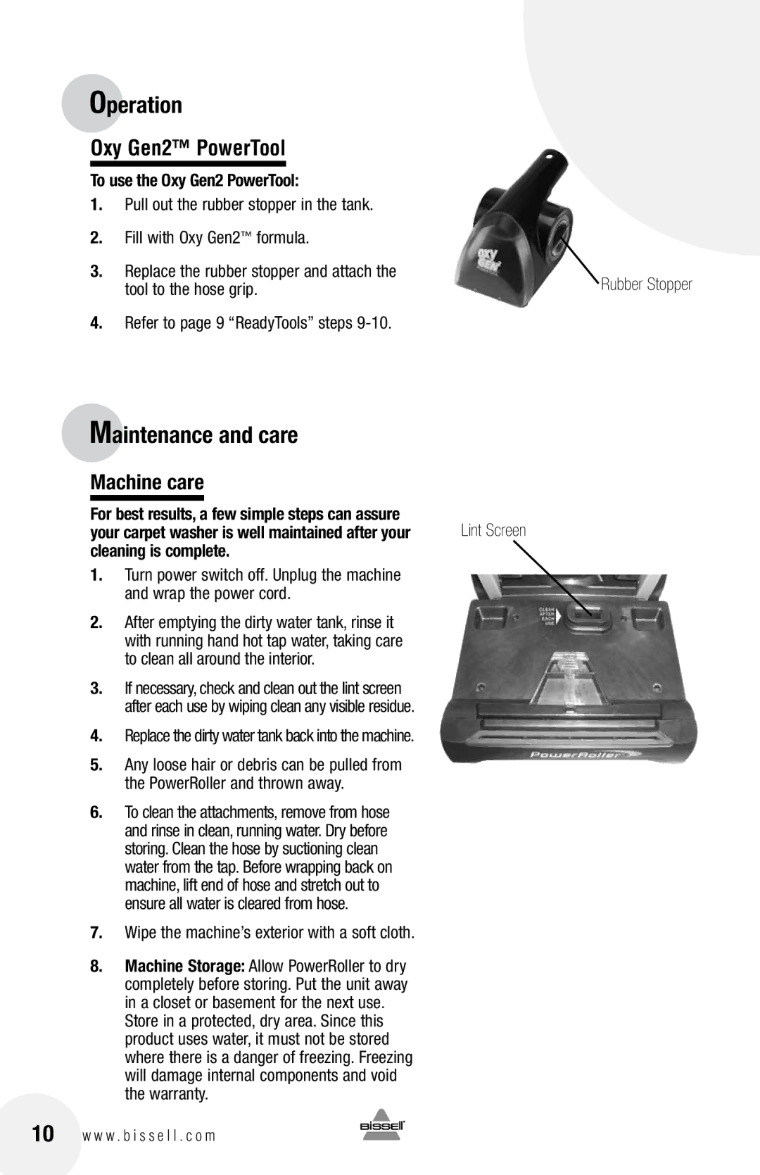 Bissell 79T3 warranty Maintenance and care, Machine care, To use the Oxy Gen2 PowerTool 