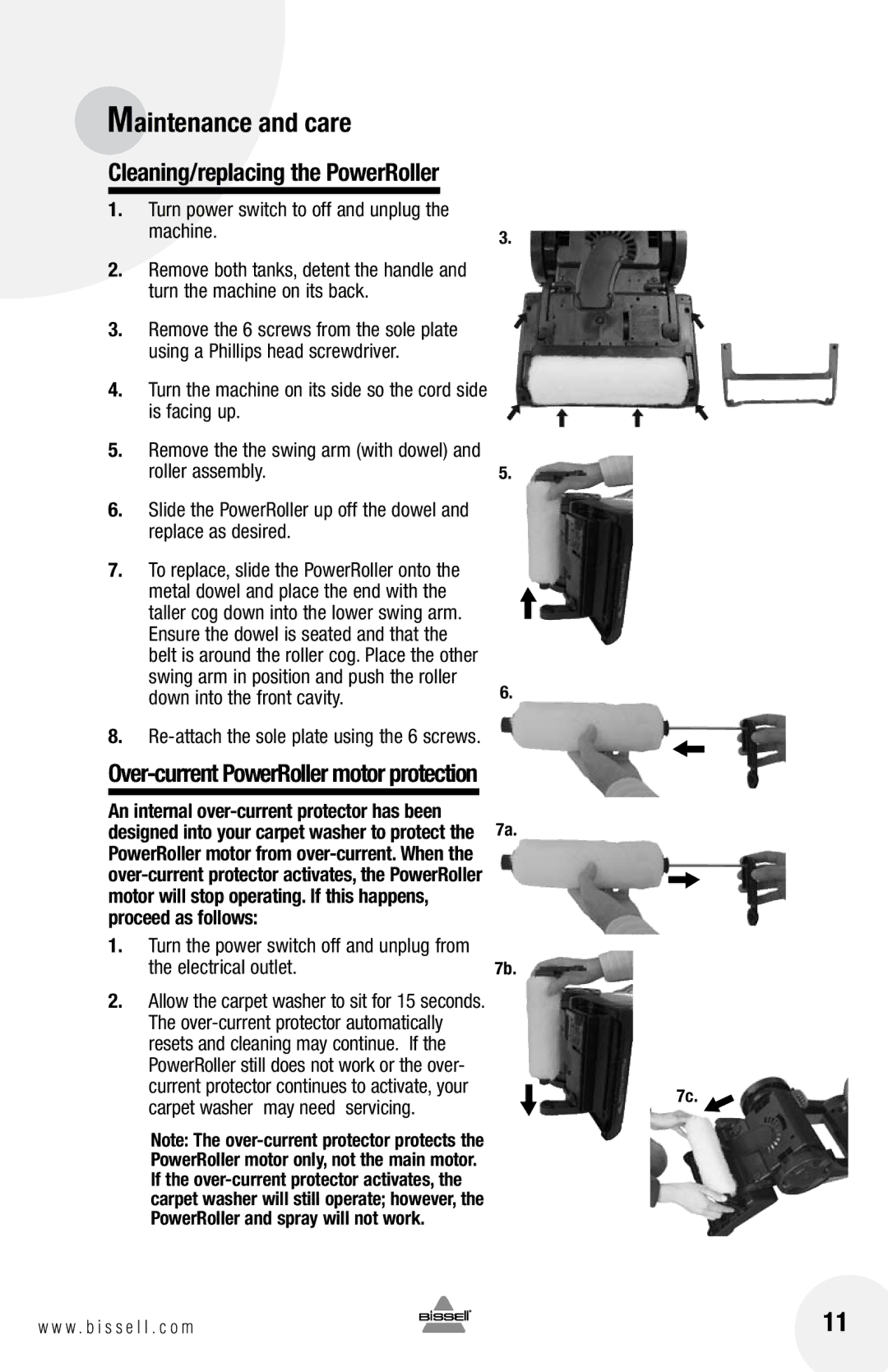 Bissell 79T3 warranty Cleaning/replacing the PowerRoller, Over-current PowerRoller motor protection, Electrical outlet 