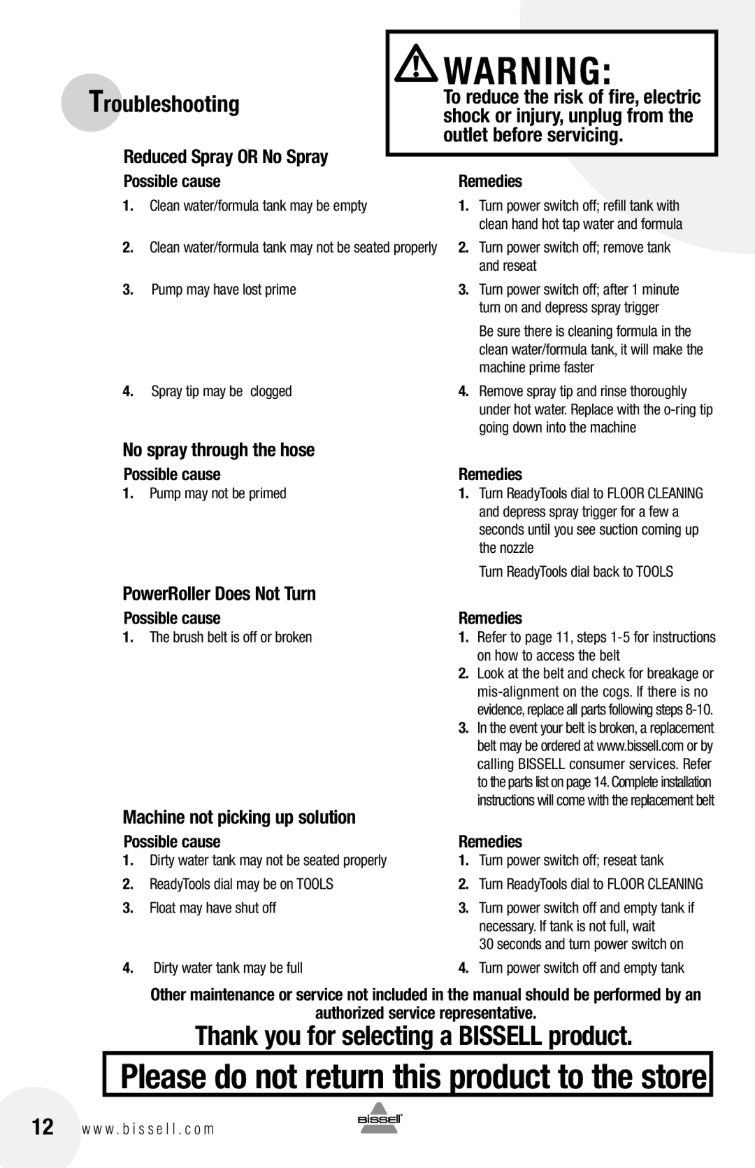 Bissell 79T3 warranty Troubleshooting, Reduced Spray or No Spray, No spray through the hose, PowerRoller Does Not Turn 