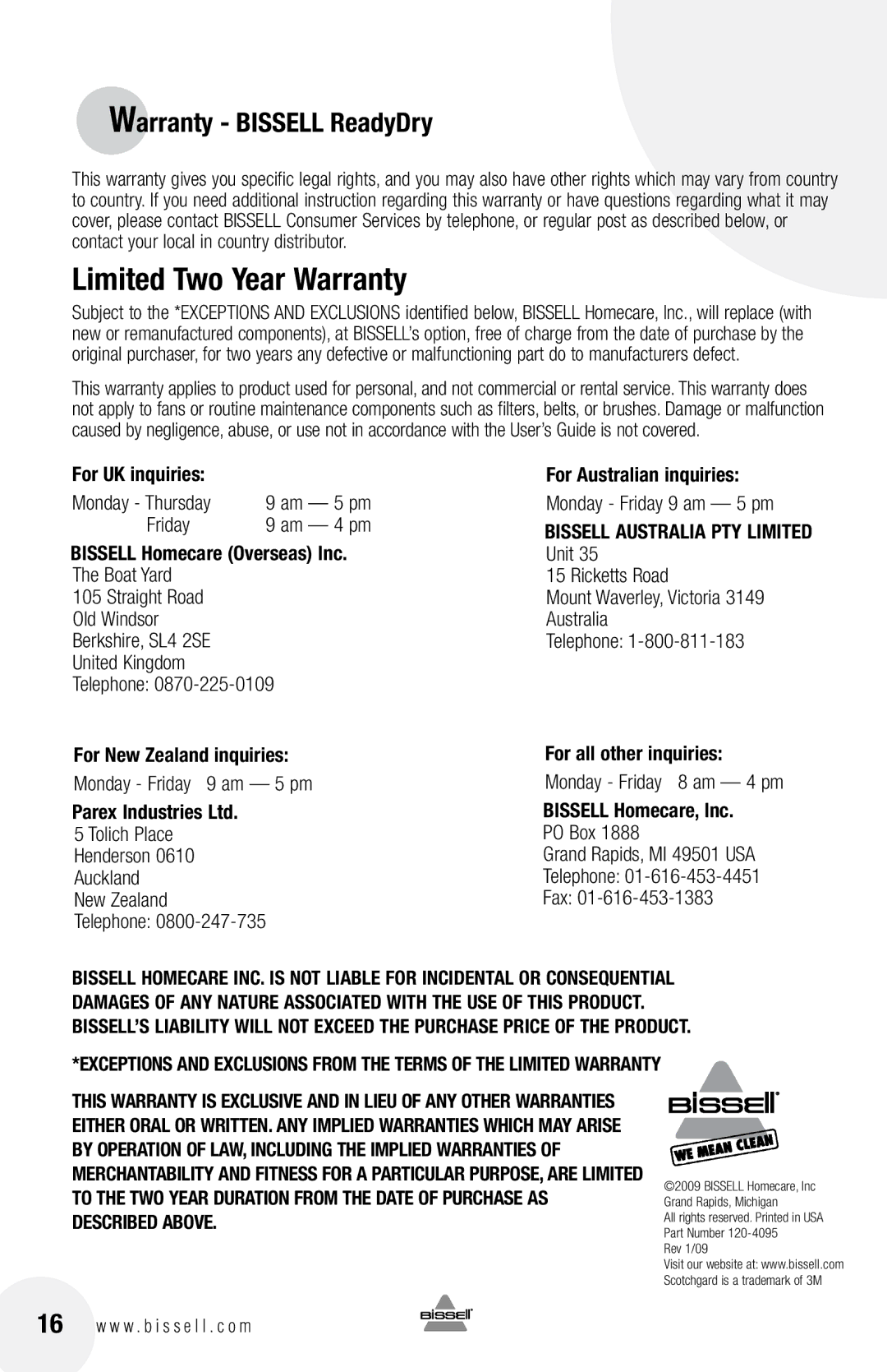 Bissell 79T3 warranty Limited Two Year Warranty, Warranty Bissell ReadyDry 