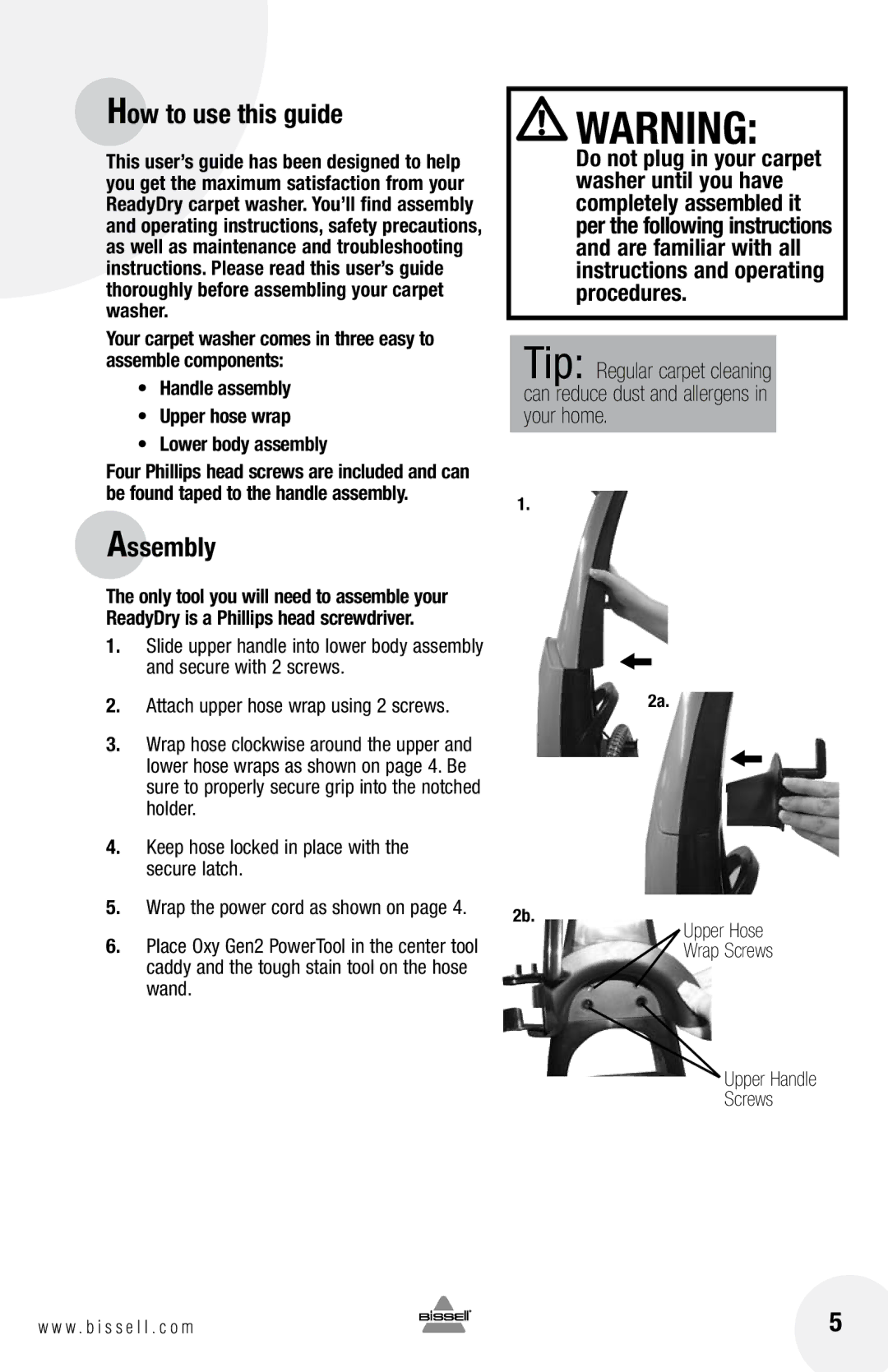 Bissell 79T3 warranty How to use this guide, Assembly, Handle assembly Upper hose wrap Lower body assembly 