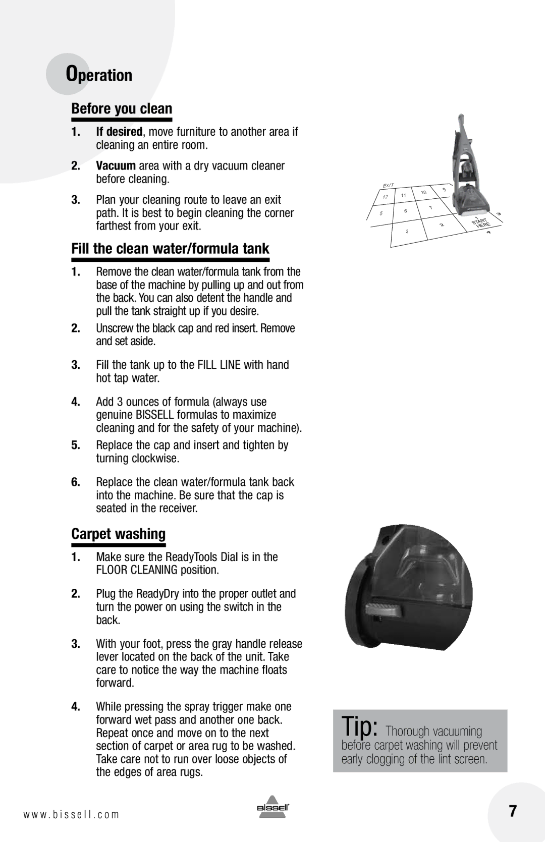 Bissell 79T3 warranty Operation, Before you clean, Fill the clean water/formula tank, Carpet washing 