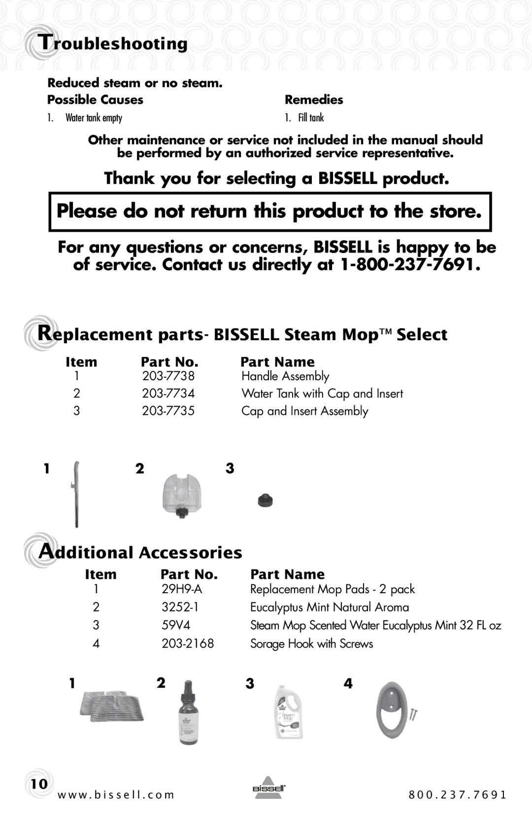 Bissell 80K6 warranty Troubleshooting, Thank you for selecting a Bissell product, Additional Accessories, Part Name 