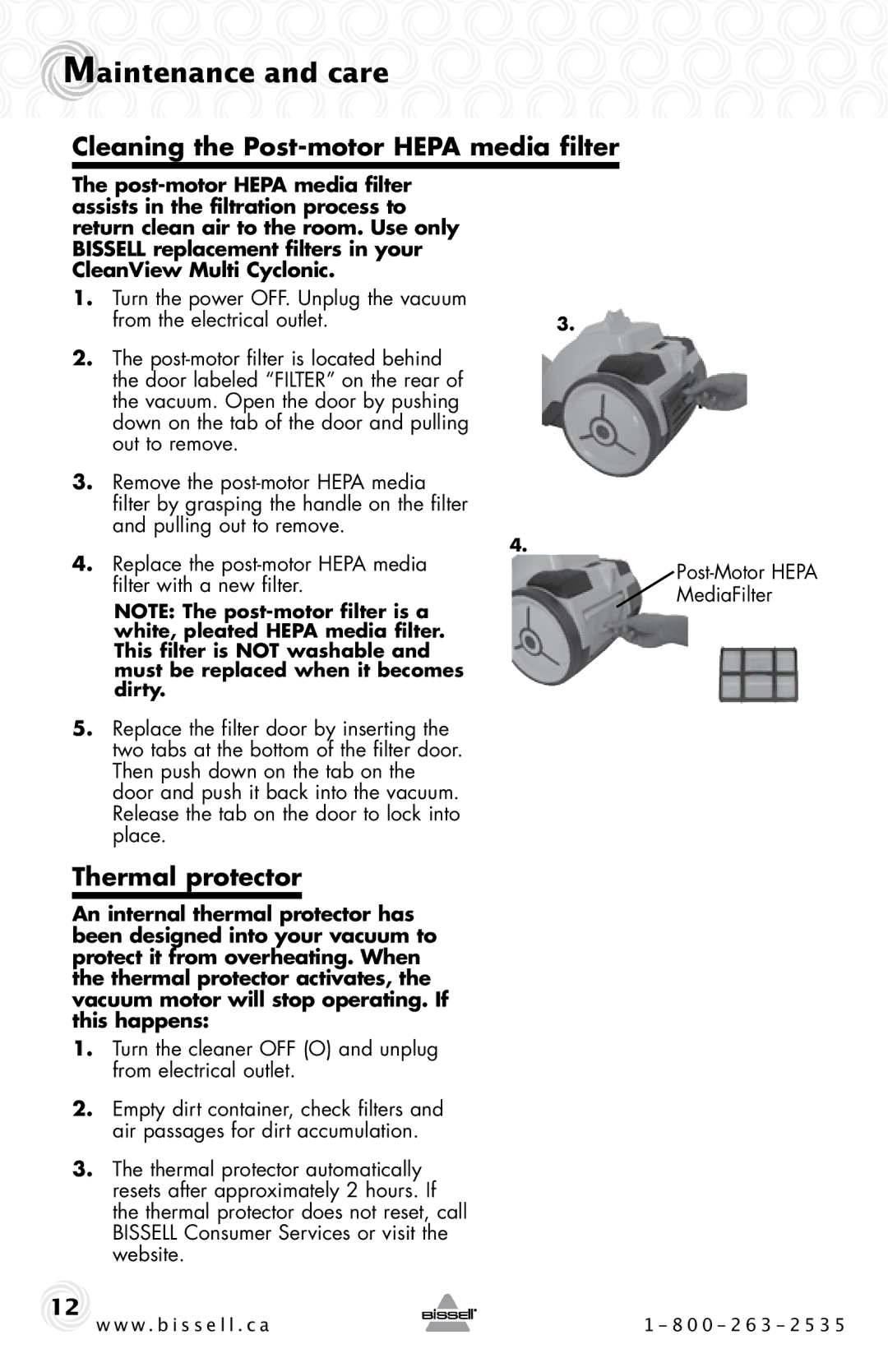 Bissell 80Q2 warranty Cleaning the Post-motor Hepa media filter, Thermal protector 