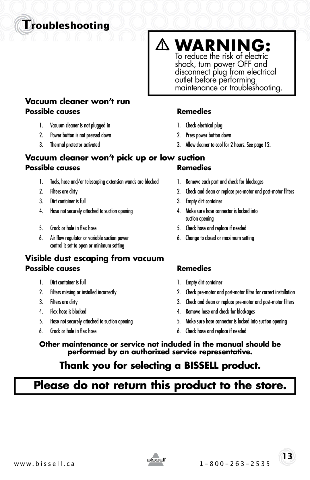 Bissell 80Q2 warranty Troubleshooting, Vacuum cleaner won’t run 