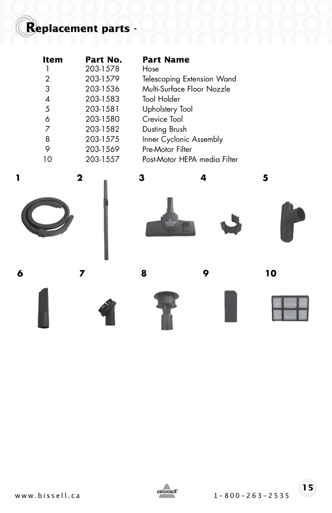 Bissell 80Q2 warranty Replacement parts, Part Name 