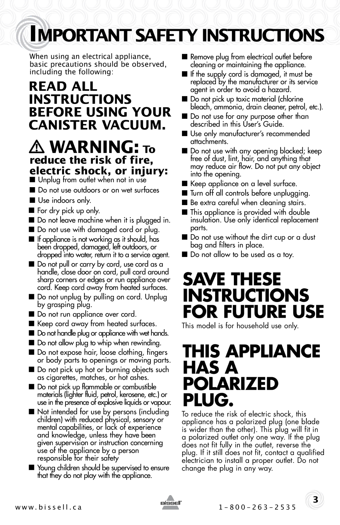 Bissell 80Q2 warranty Important Safety Instructions, Reduce the risk of fire, electric shock, or injury 