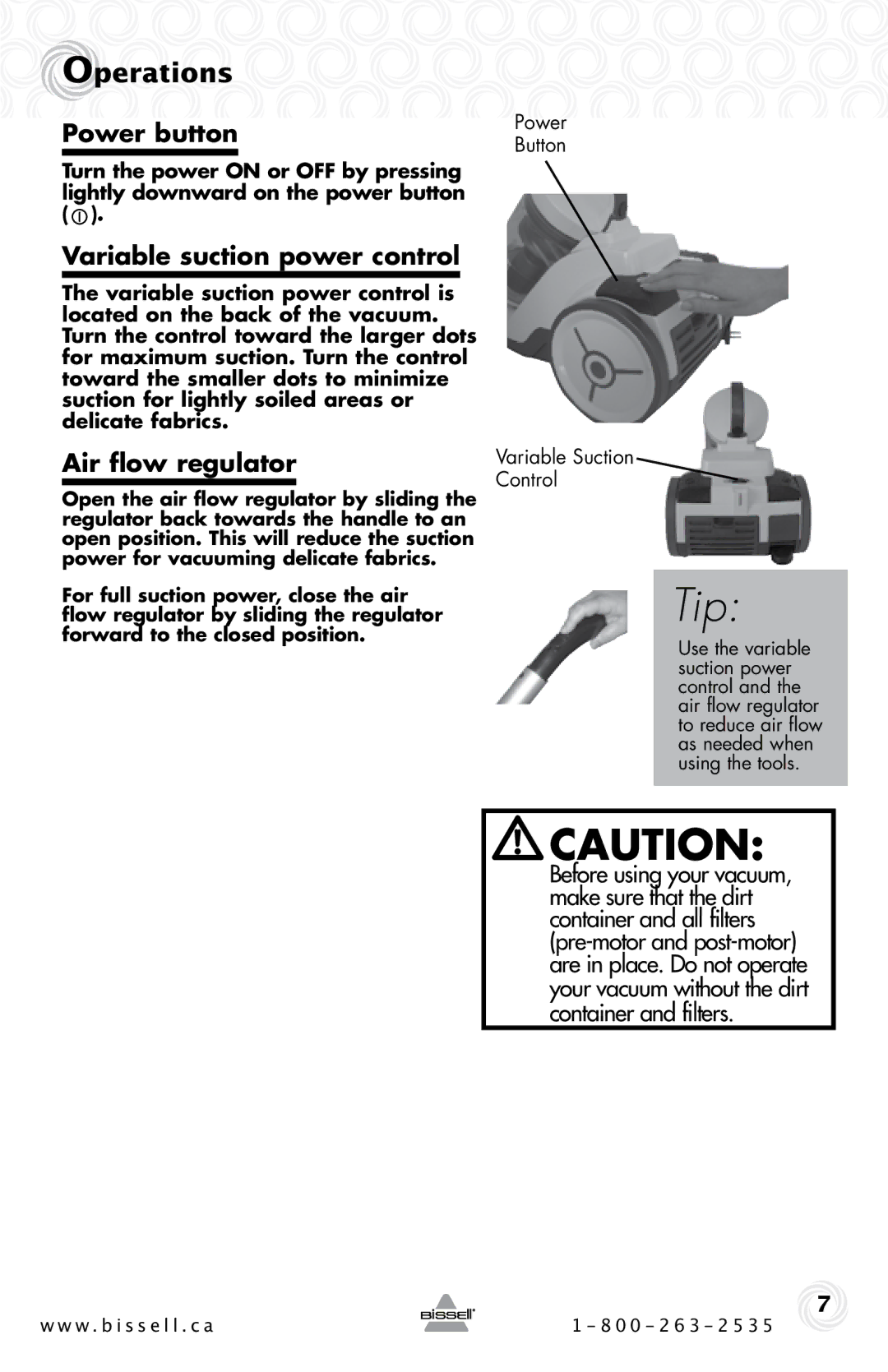 Bissell 80Q2 warranty Power button, Variable suction power control, Air flow regulator 