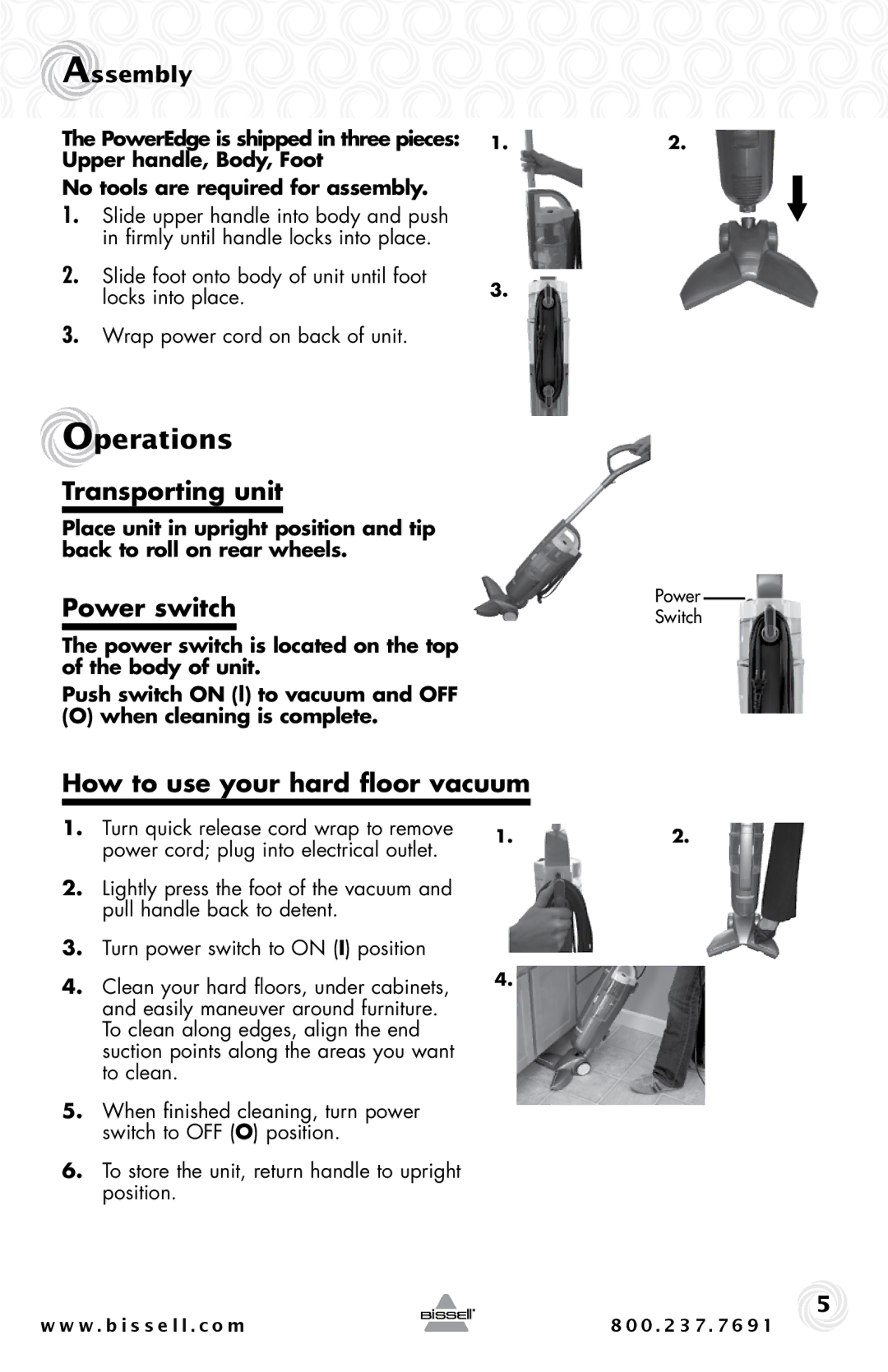 Bissell 81L2T warranty Operations, Transporting unit, Power switch, How to use your hard floor vacuum, Assembly 