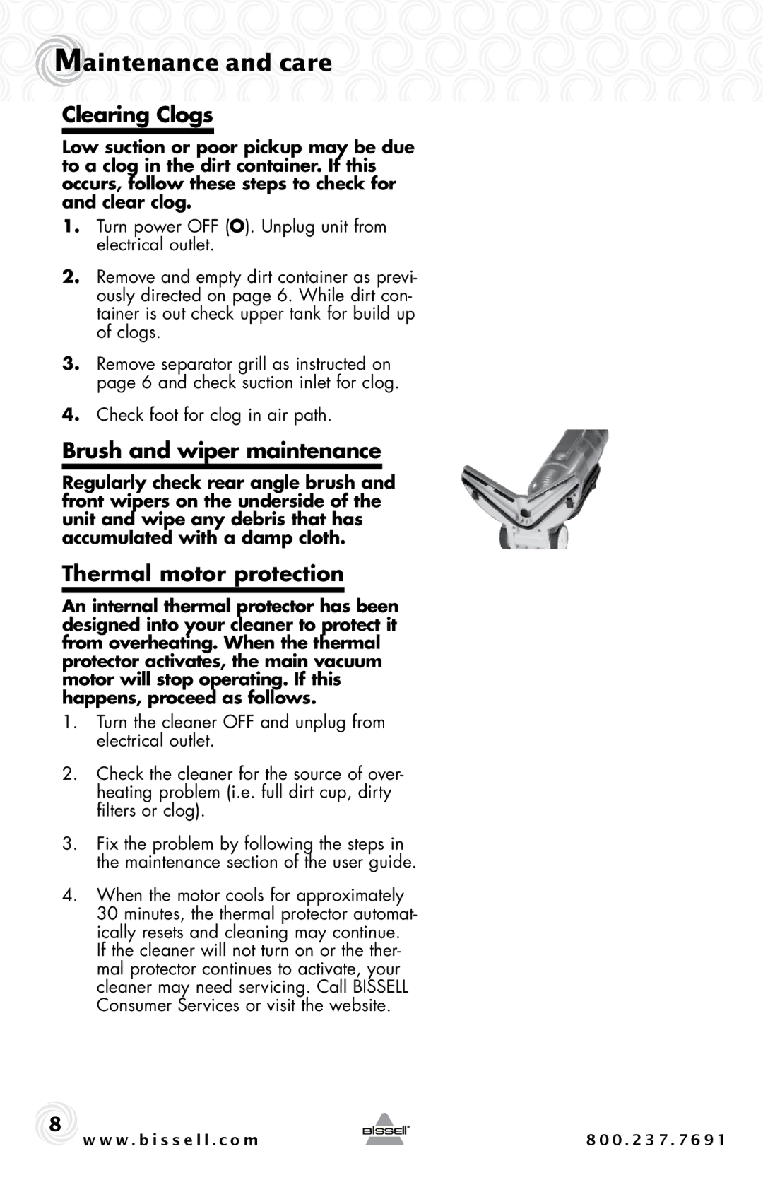 Bissell 81L2T warranty Clearing Clogs, Brush and wiper maintenance, Thermal motor protection 