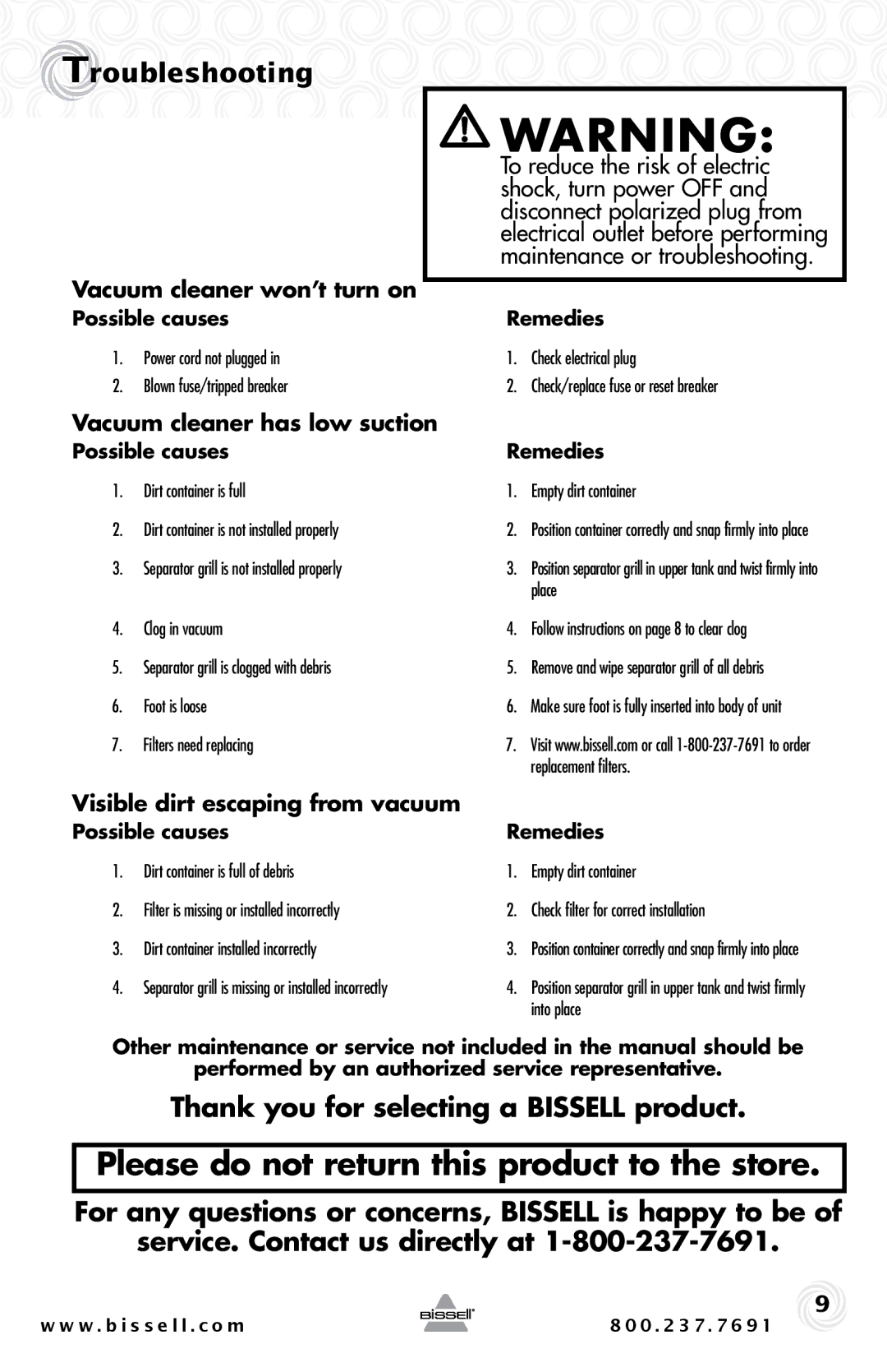 Bissell 81L2T warranty Troubleshooting, Thank you for selecting a Bissell product, Vacuum cleaner won’t turn on 