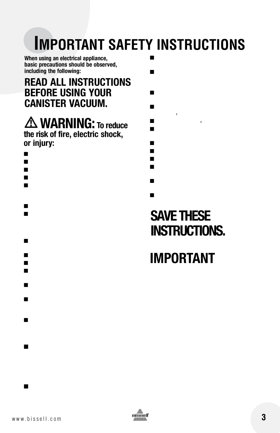 Bissell 81L8 warranty Save These Instructions 