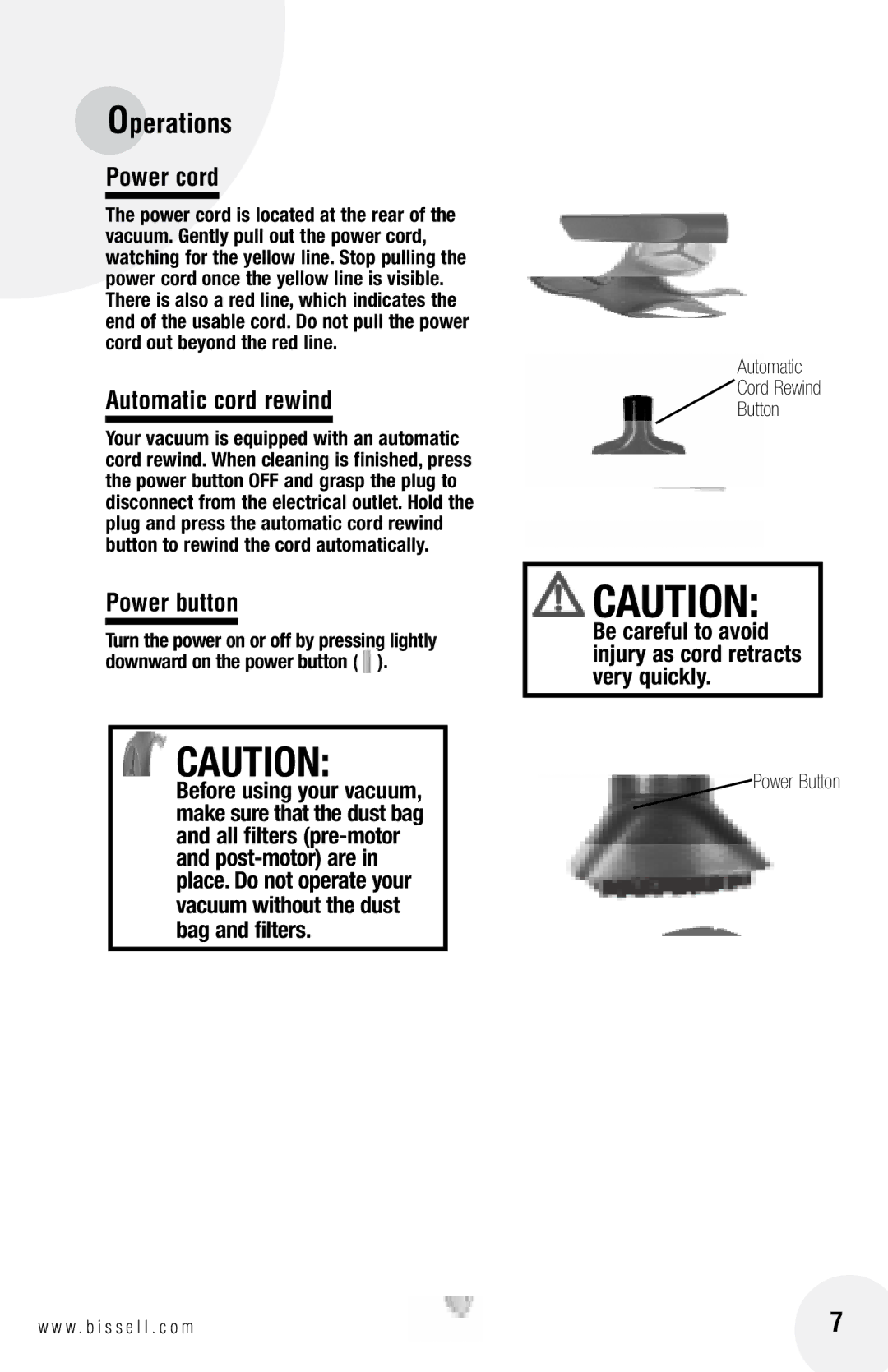 Bissell 81L8 warranty Operations, Power cord, Automatic cord rewind, Power button 
