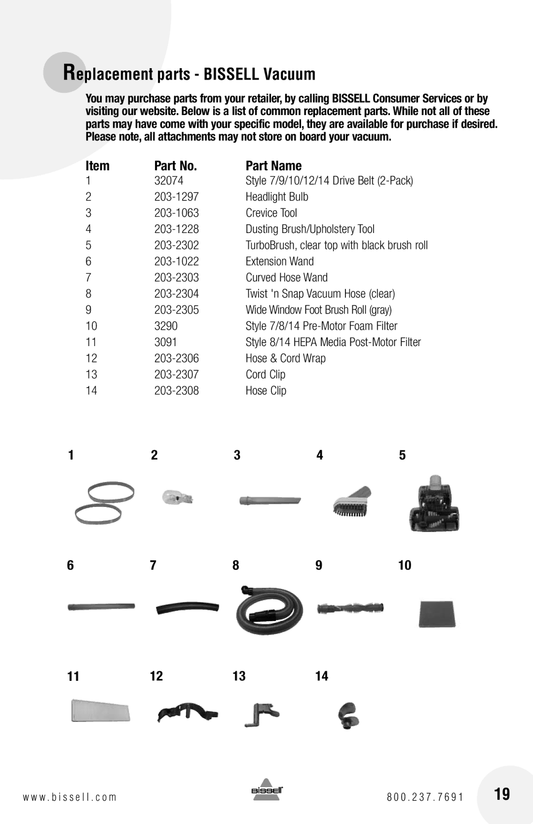 Bissell 82G7 warranty Replacement parts Bissell Vacuum, 196, Part Name 