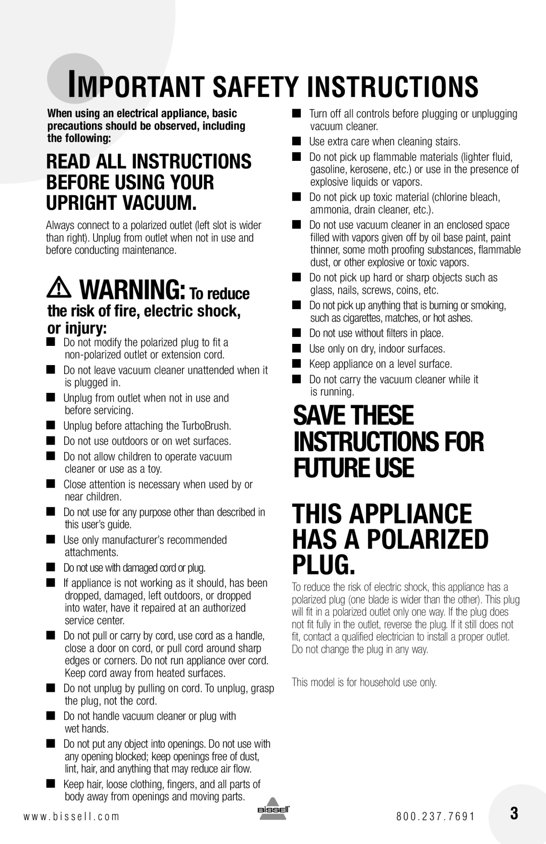 Bissell 82G7 warranty Important Safety Instructions 