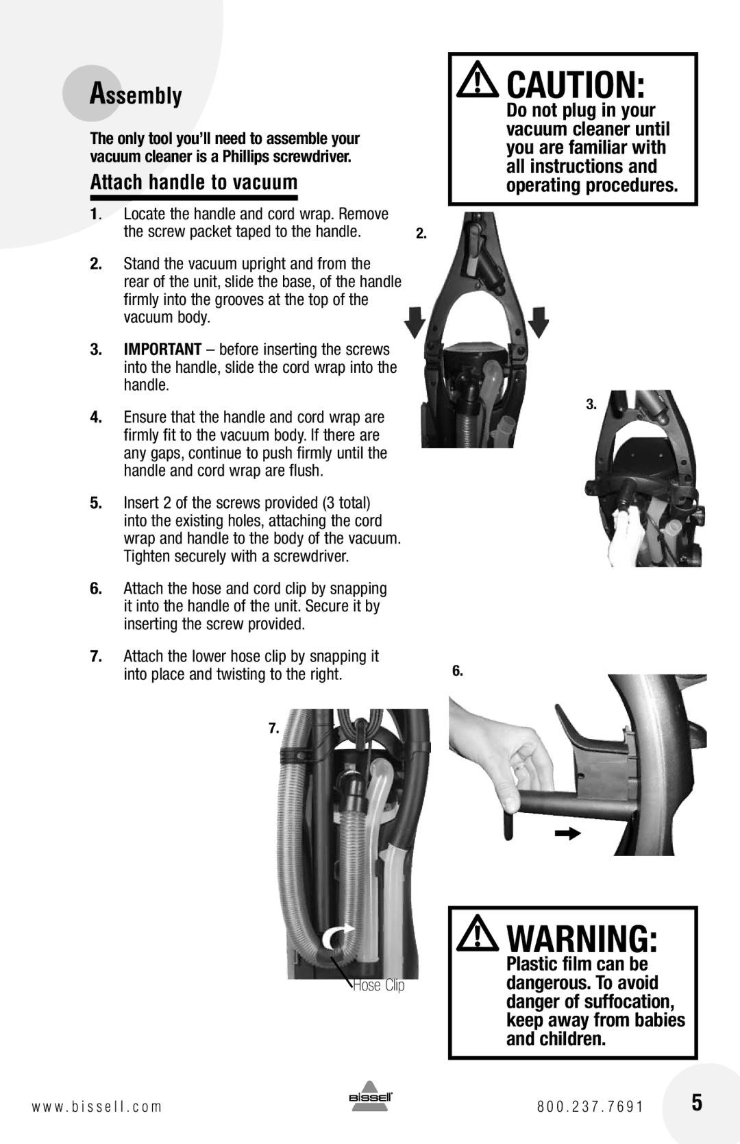 Bissell 82G7 warranty Assembly, Attach handle to vacuum 