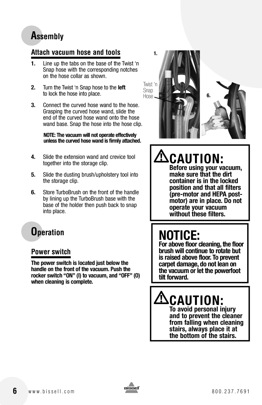 Bissell 82G7 warranty Operation, Attach vacuum hose and tools, Power switch 