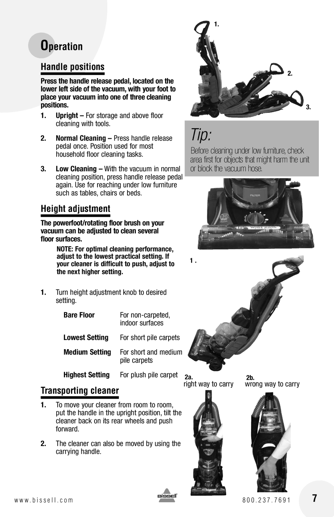 Bissell 82G7 warranty Handle positions, Height adjustment, Transporting cleaner 