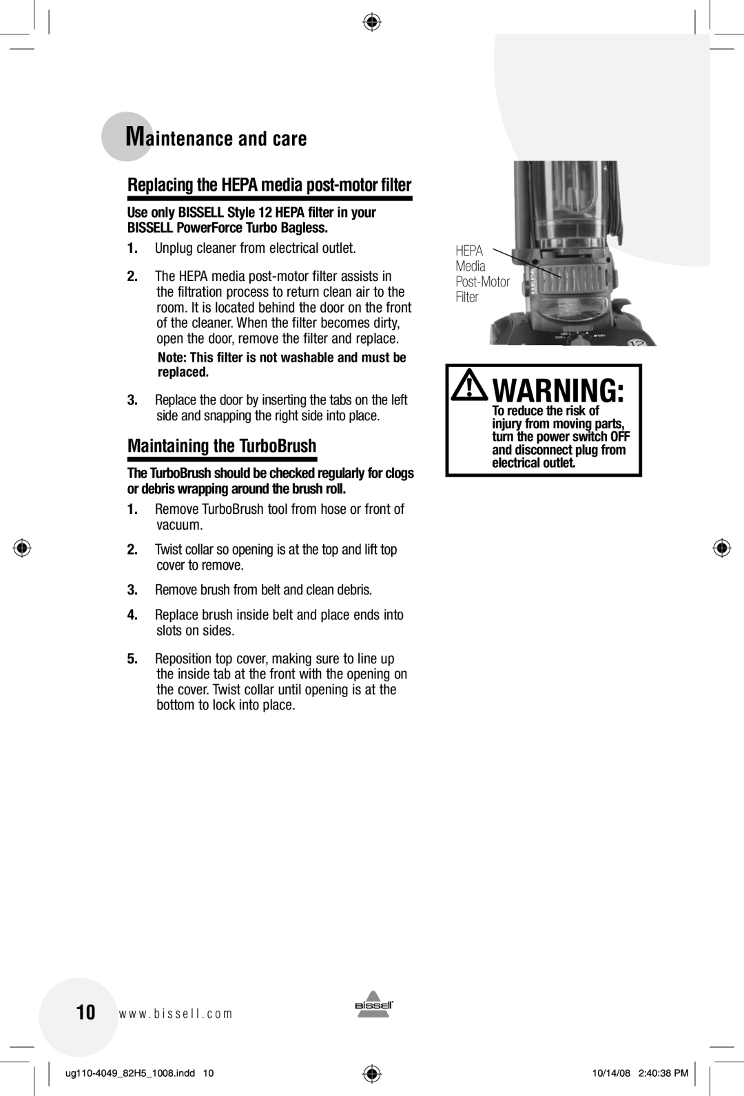 Bissell 82H5 warranty Maintaining the TurboBrush, Media Post-Motor Filter 