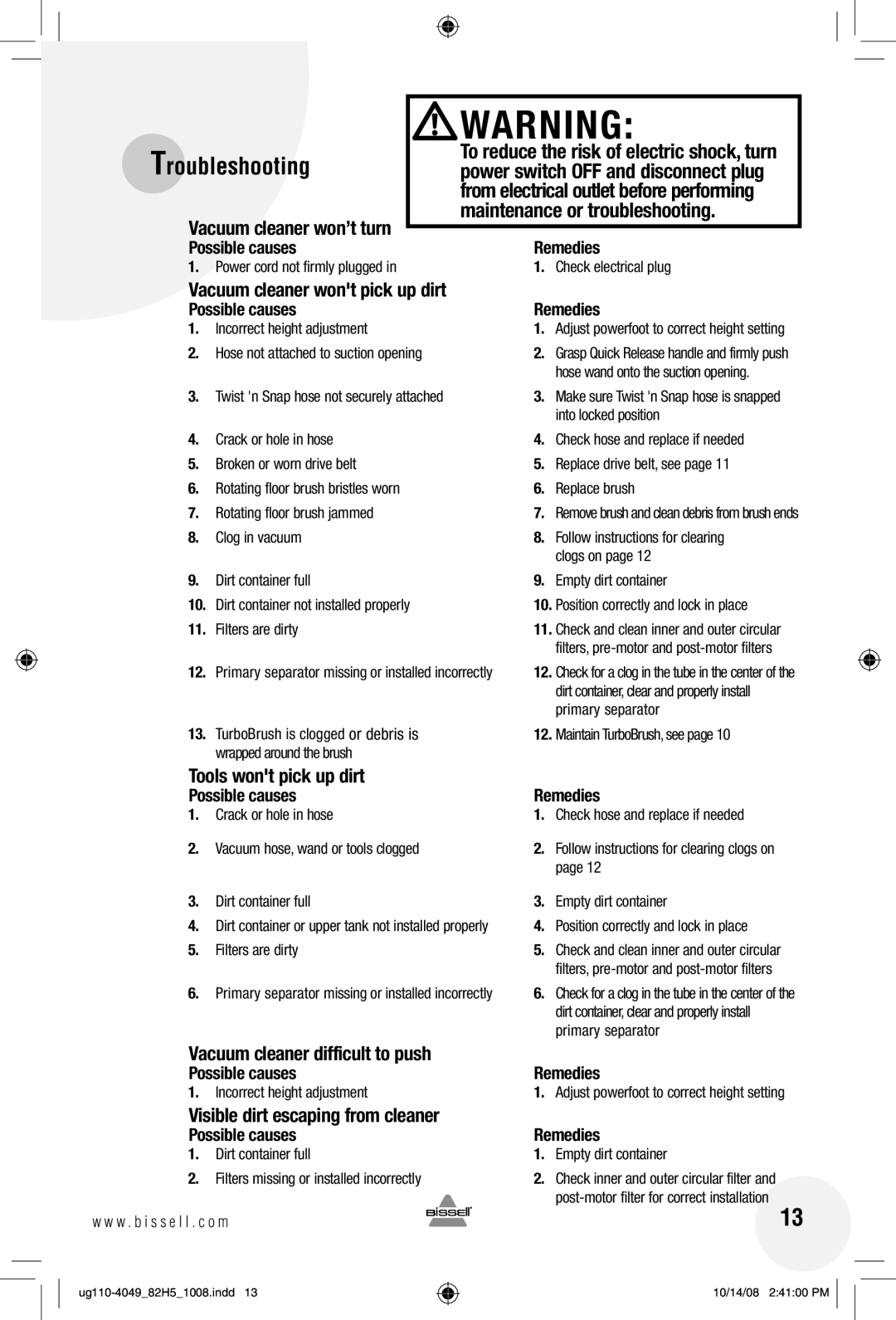 Bissell 82H5 warranty Troubleshooting, Possible causes 