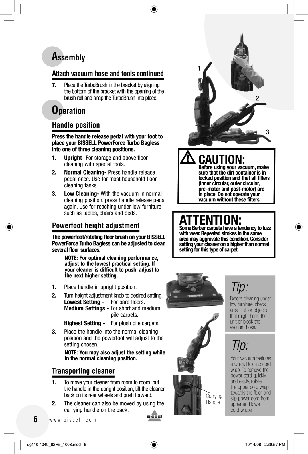 Bissell 82H5 warranty Operation, Handle position, Powerfoot height adjustment, Transporting cleaner 