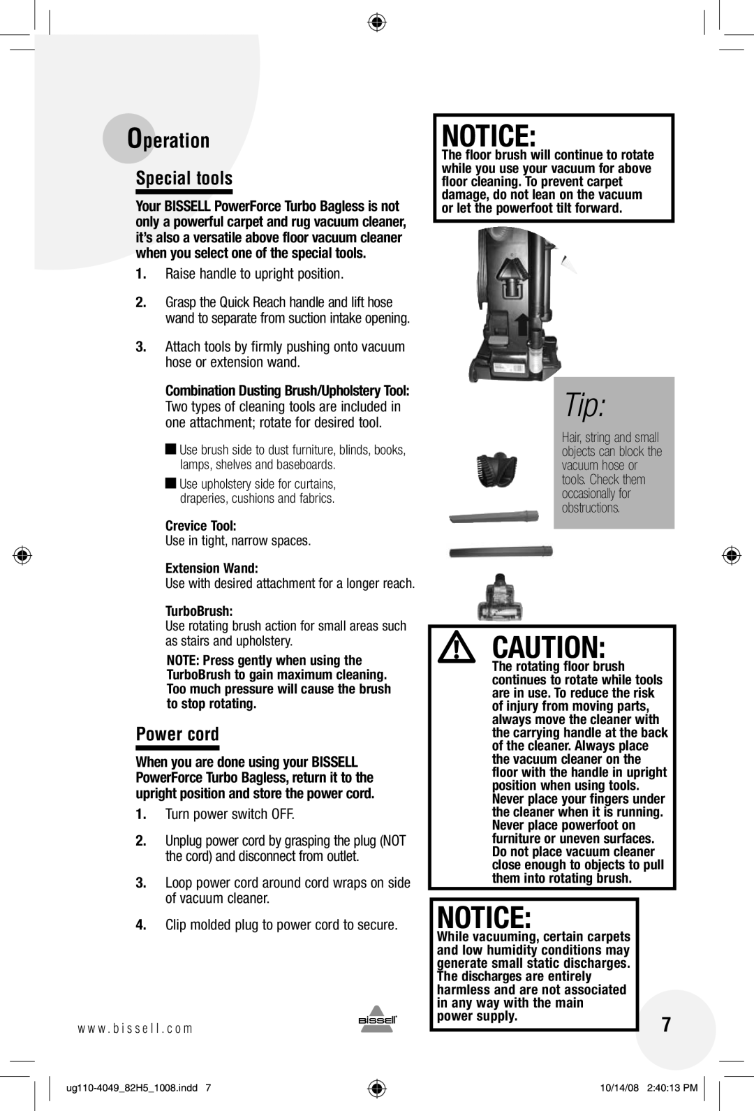 Bissell 82H5 warranty Special tools, Power cord, Raise handle to upright position, Turn power switch OFF 