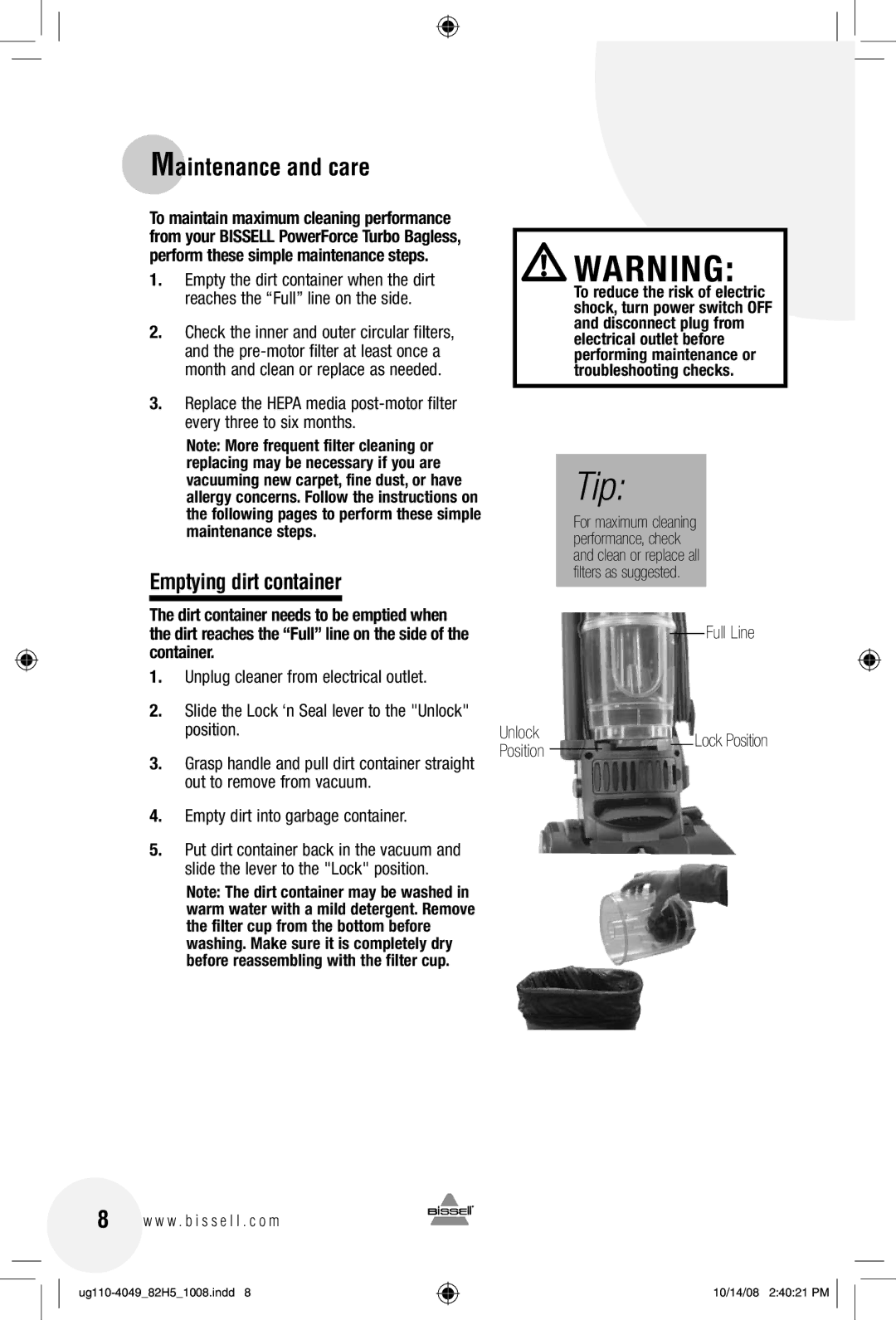 Bissell 82H5 warranty Maintenance and care, Emptying dirt container, Full Line Unlock 