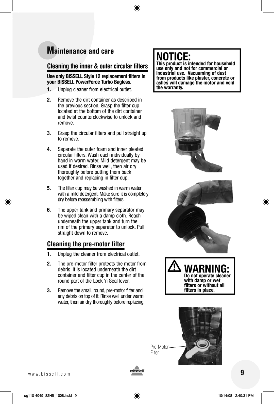 Bissell 82H5 warranty 169, Cleaning the pre-motor filter, Unplug cleaner from electrical outlet, Pre-Motor Filter 