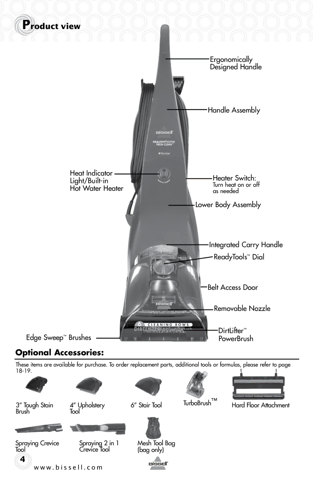 Bissell 83V5 warranty Product view, Optional Accessories, Ergonomically Designed Handle Handle Assembly Heater Switch 