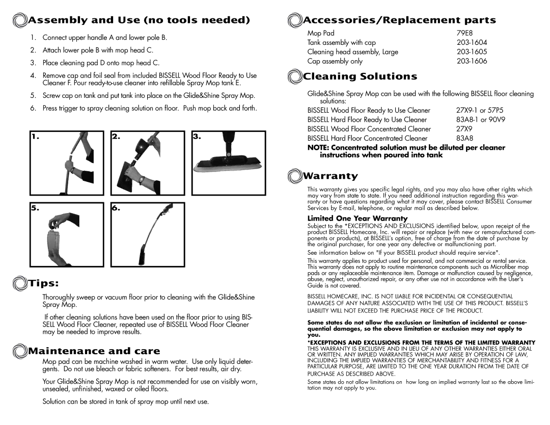 Bissell 85000 Assembly and Use no tools needed, Tips, Maintenance and care, Accessories/Replacement parts, Warranty 