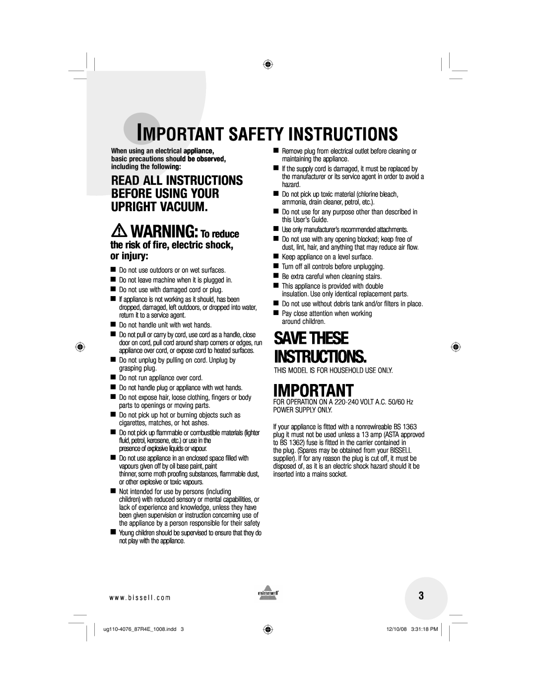 Bissell 87R4 warranty the risk of fire, electric shock, or injury, Important Safety Instructions, Save These Instructions 