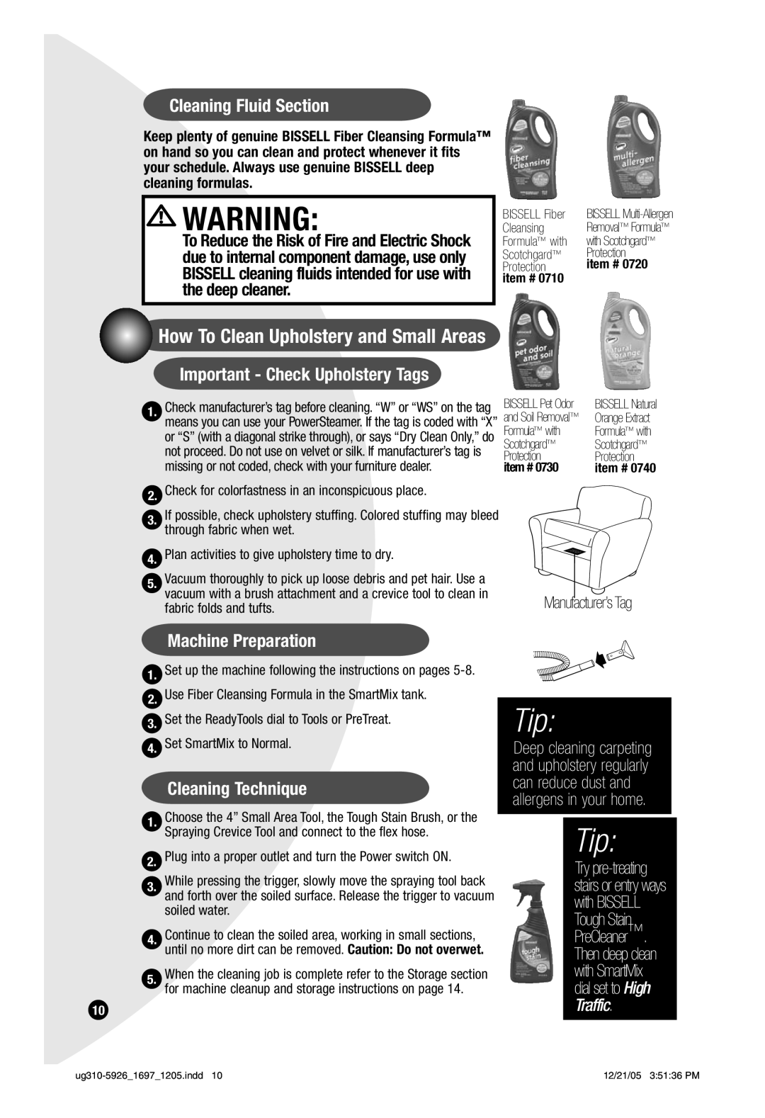 Bissell 8804 warranty Cleaning Fluid Section, Important Check Upholstery Tags, Cleaning Technique 