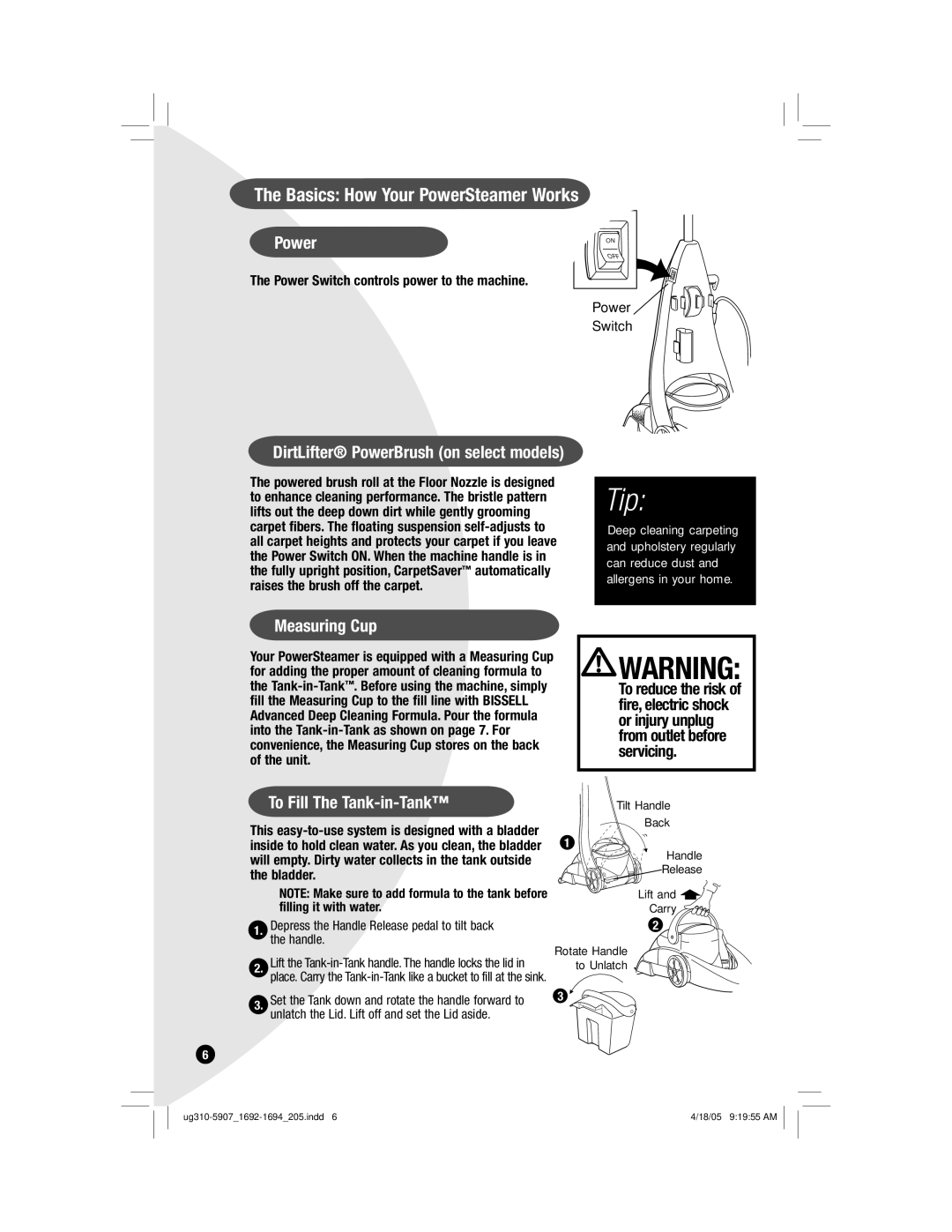 Bissell 1693, 8806, 8805, 1692 warranty Basics How Your PowerSteamer Works, Measuring Cup, To Fill The Tank-in-Tank 