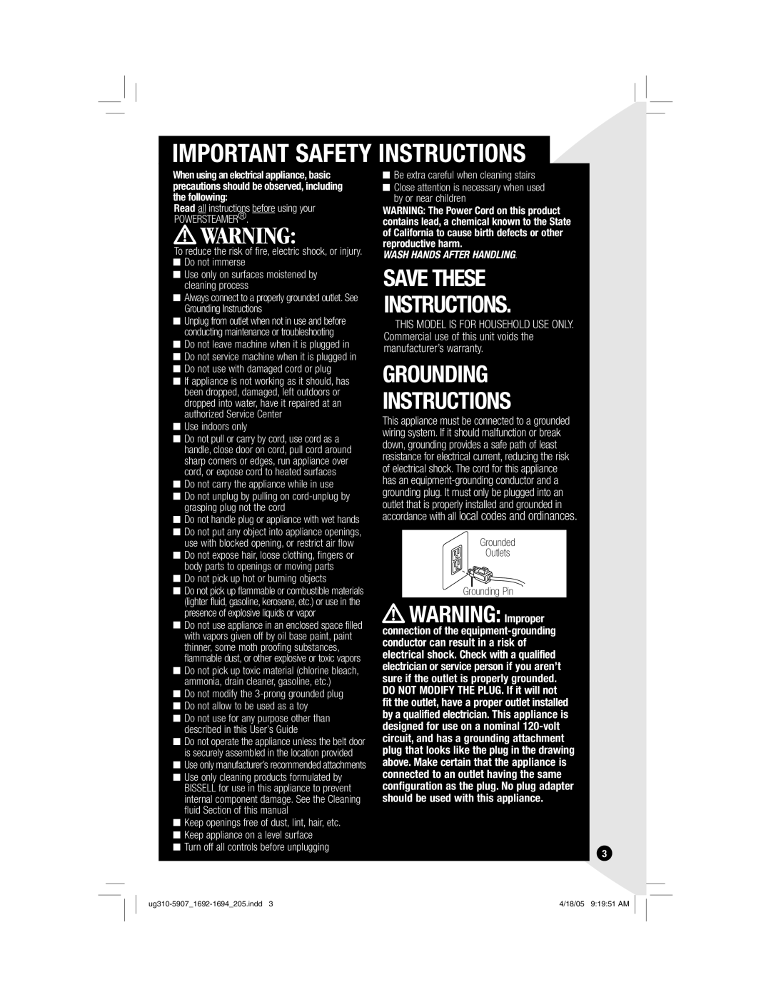 Bissell 1692, 8806, 8805 Important Safety Instructions, Save These Instructions, Grounding Instructions, WARNING Improper 