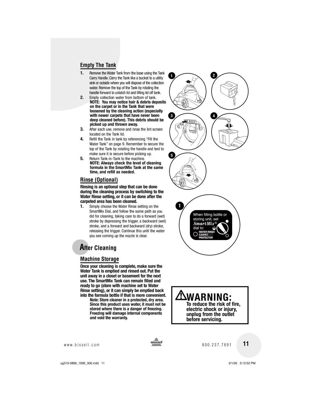 Bissell 1699, 8910 After Cleaning, Empty The Tank, Rinse Optional, Machine Storage, Return Tank-in-Tank to the machine 