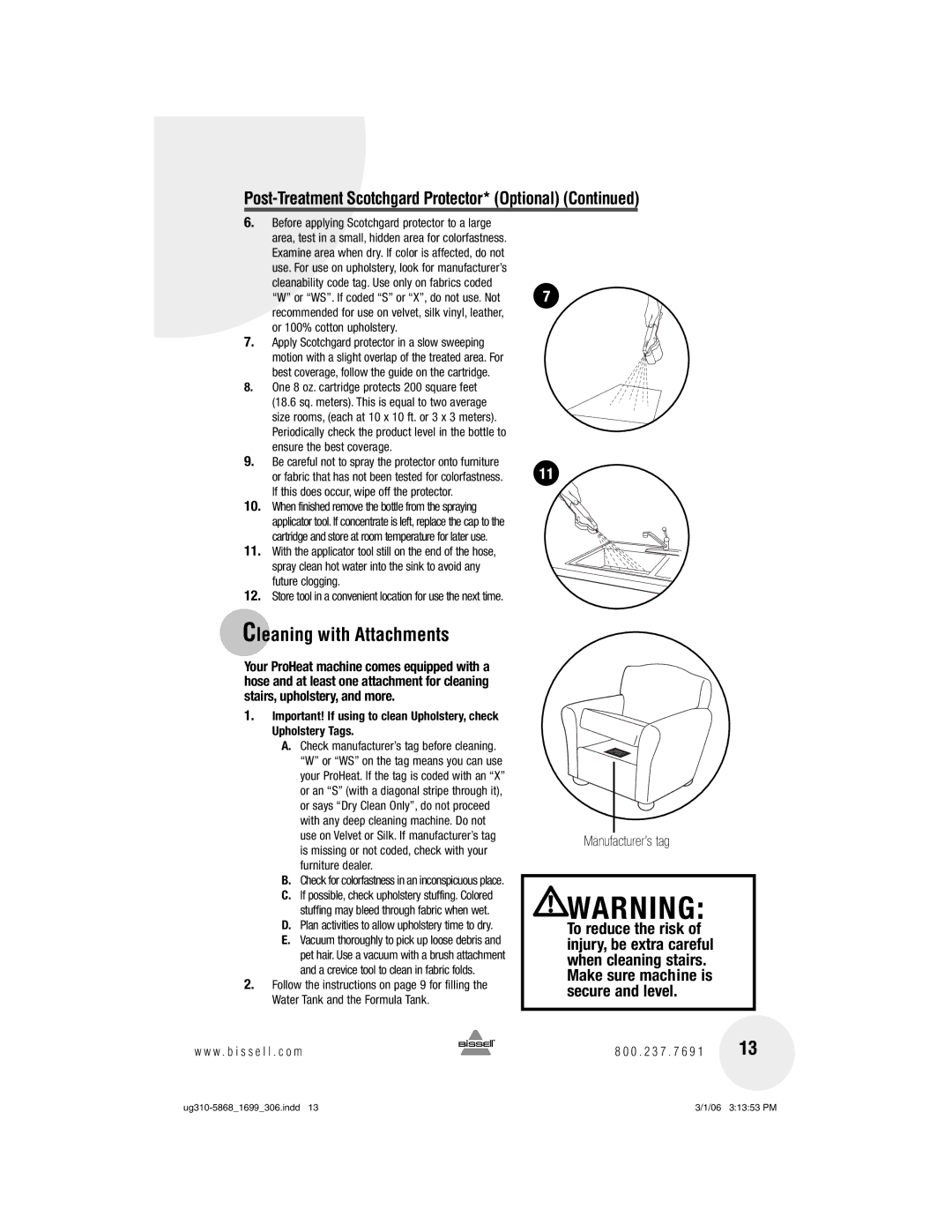 Bissell 1699, 8910 warranty Cleaning with Attachments, Post-Treatment Scotchgard Protector* Optional, Manufacturer’s tag 