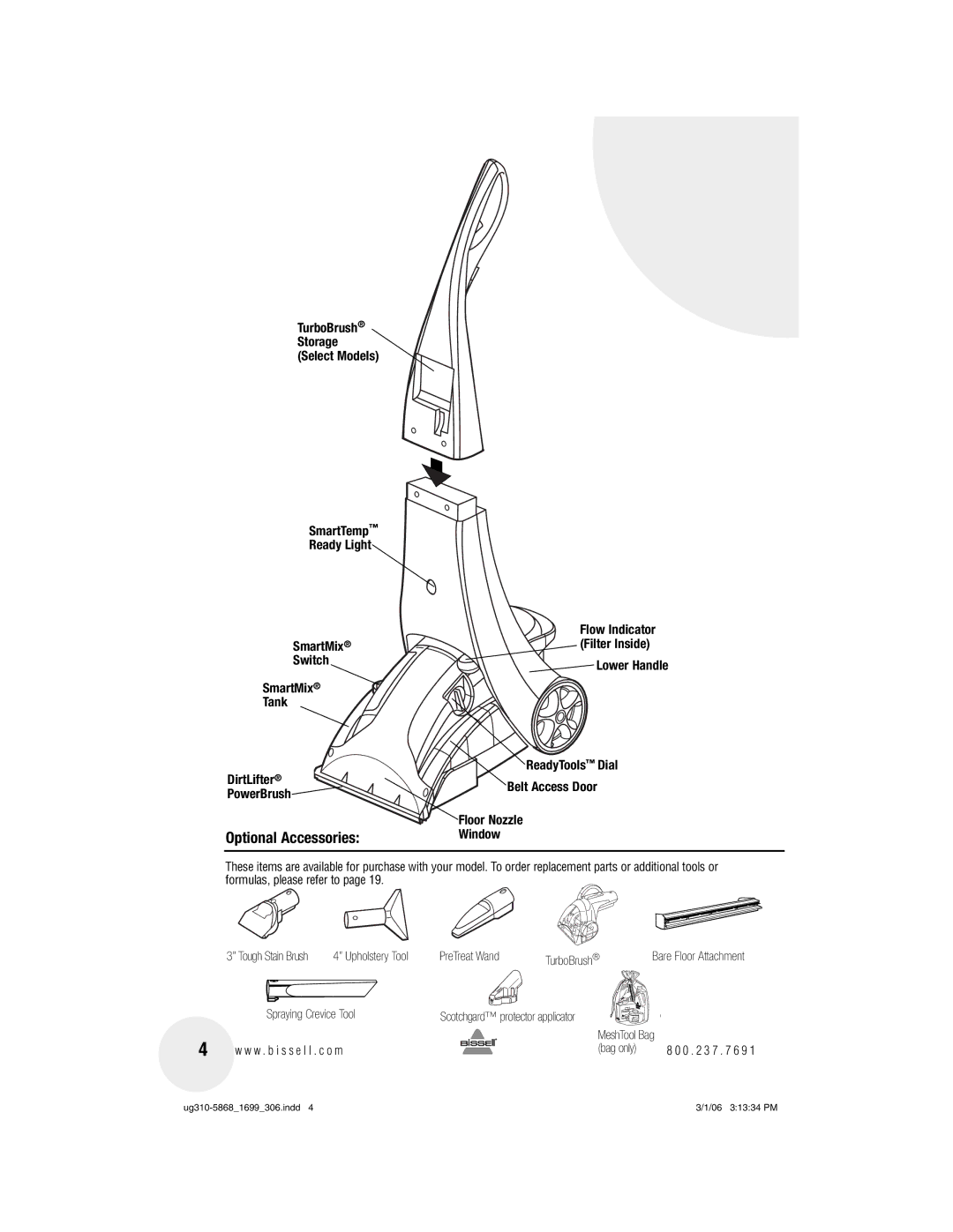 Bissell 8910, 1699 warranty Optional Accessories, Upholstery Tool PreTreat Wand TurboBrush 