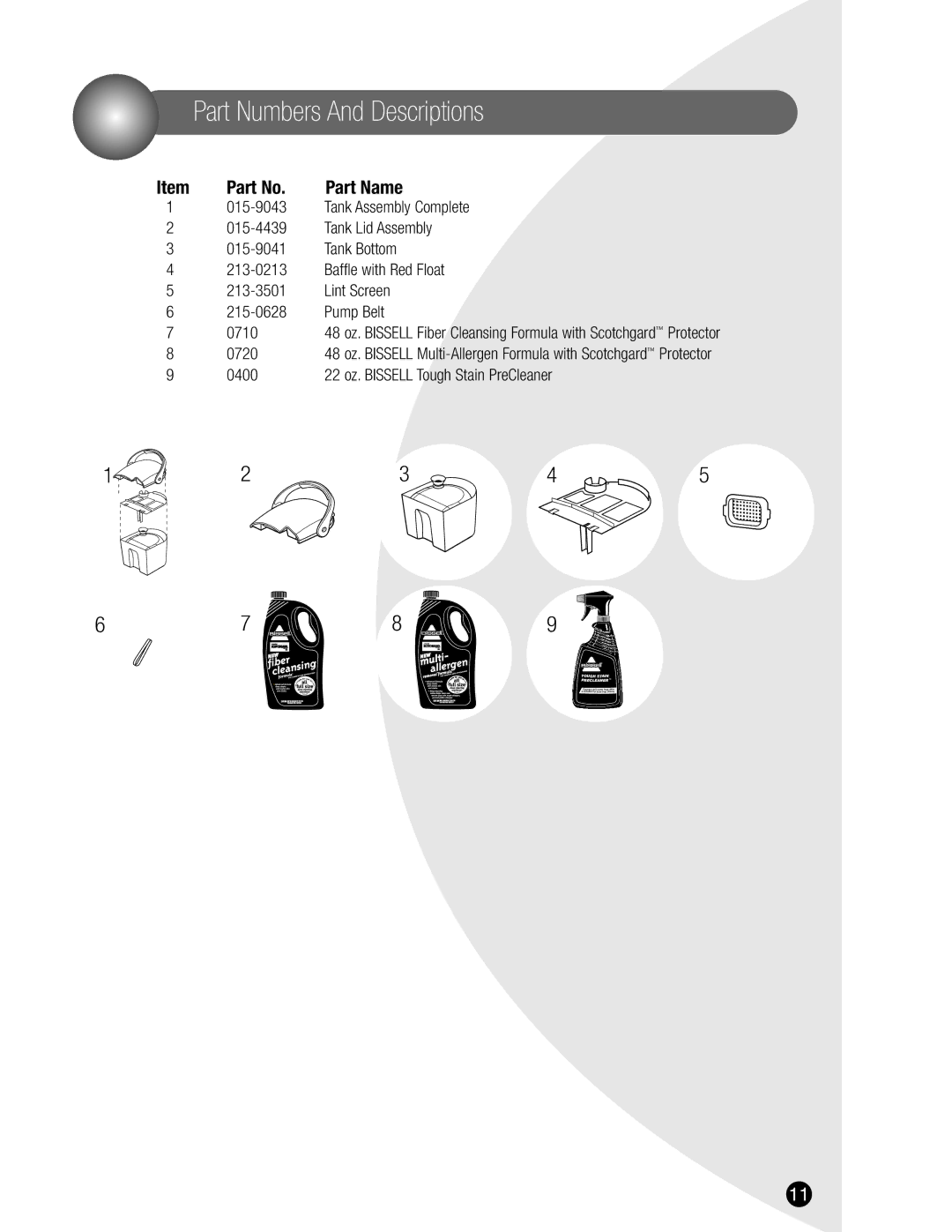 Bissell 1685, 8940 warranty Part Numbers And Descriptions, 0720, 0400 22 oz. Bissell Tough Stain PreCleaner 