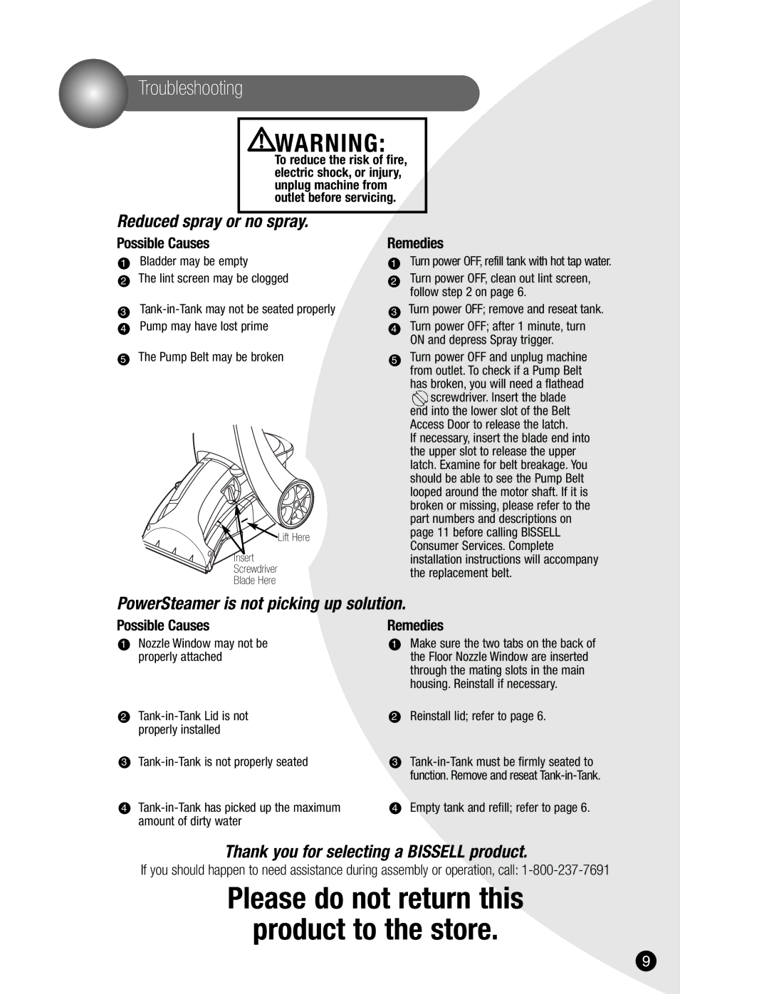 Bissell 1685, 8940 warranty Troubleshooting, Possible Causes, Remedies 