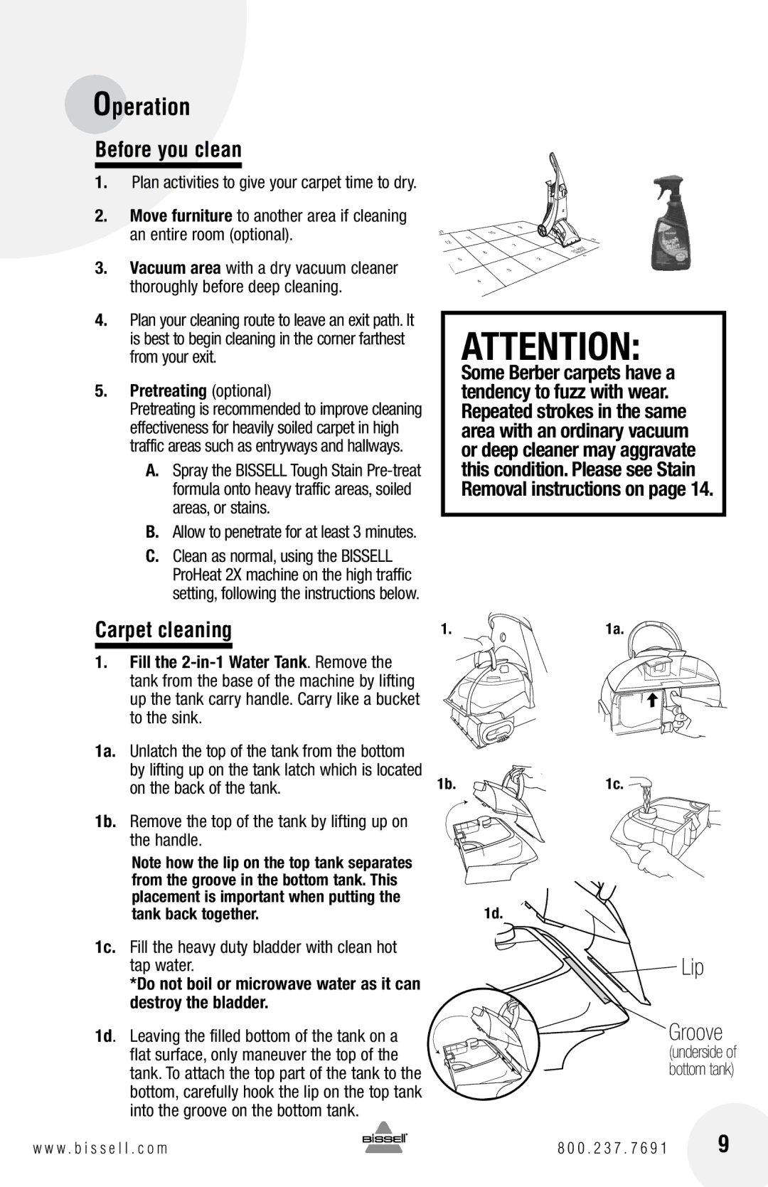 Bissell 8930, 8960 warranty Operation, Before you clean, Carpet cleaning, Pretreating optional 